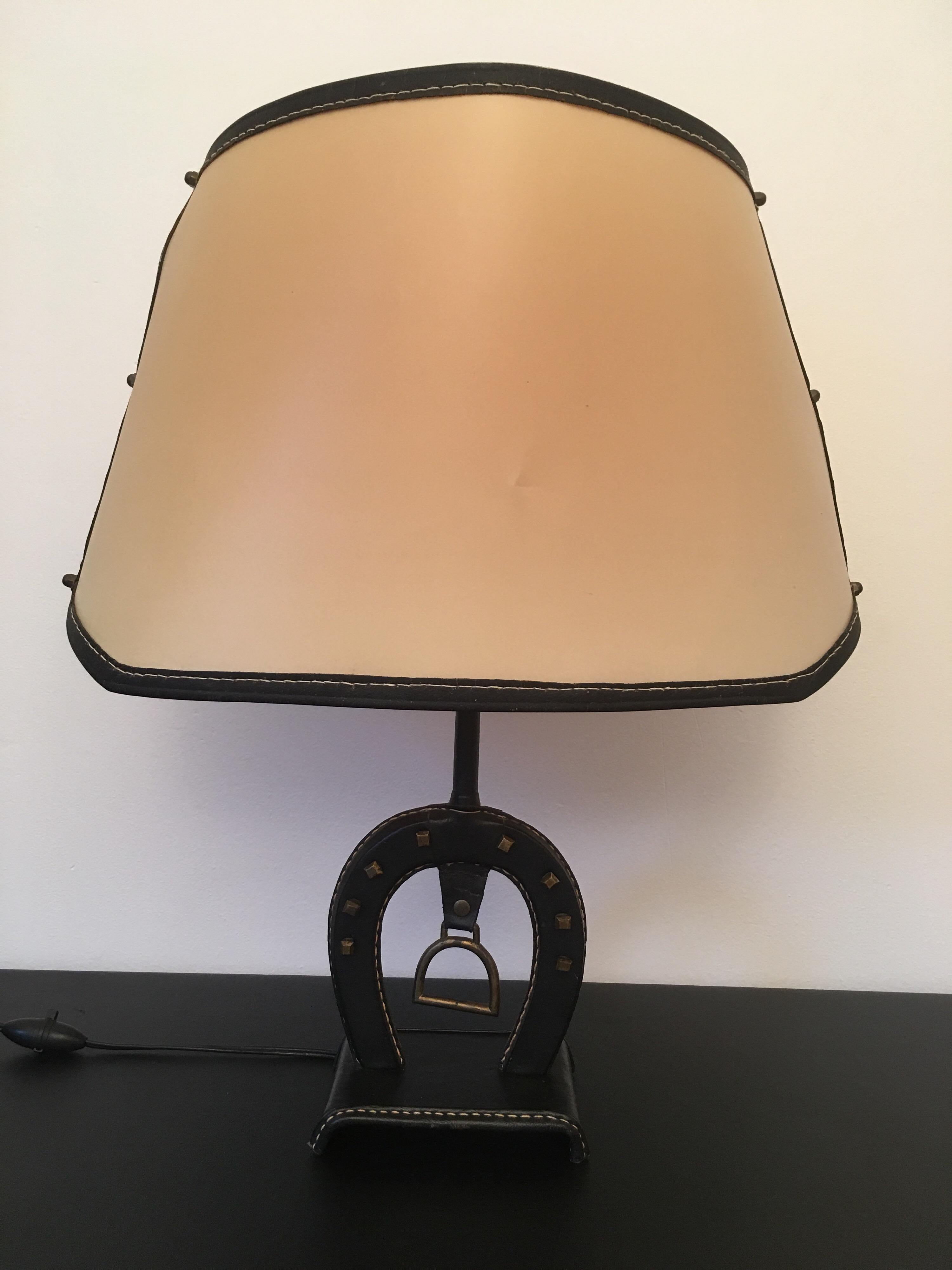 Mid-Century Modern Jacques Adnet Large Equestrian Black Stitched Leather Table Lamp, French 1950s For Sale