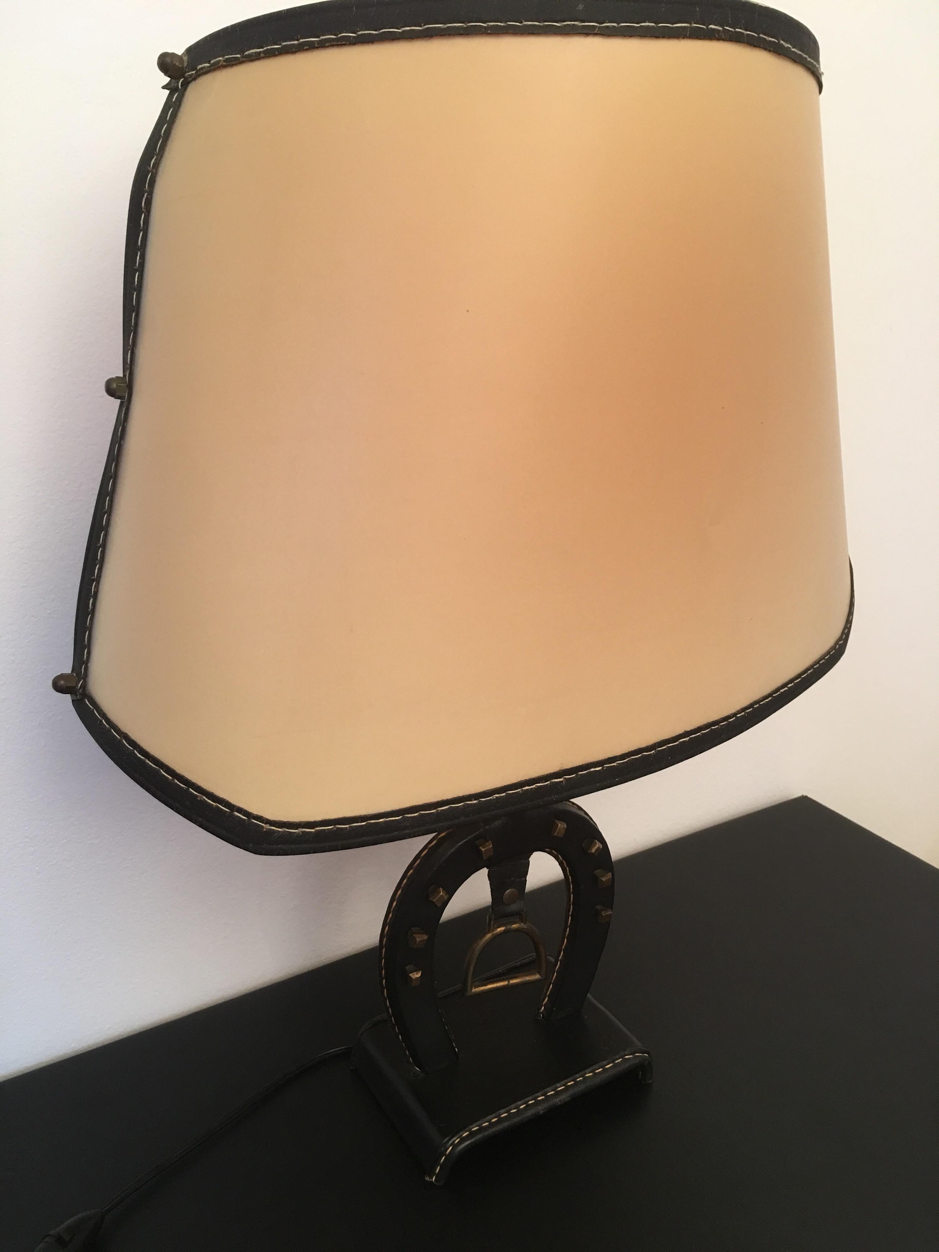 Jacques Adnet Large Equestrian Black Stitched Leather Table Lamp, French 1950s In Good Condition For Sale In Aix En Provence, FR