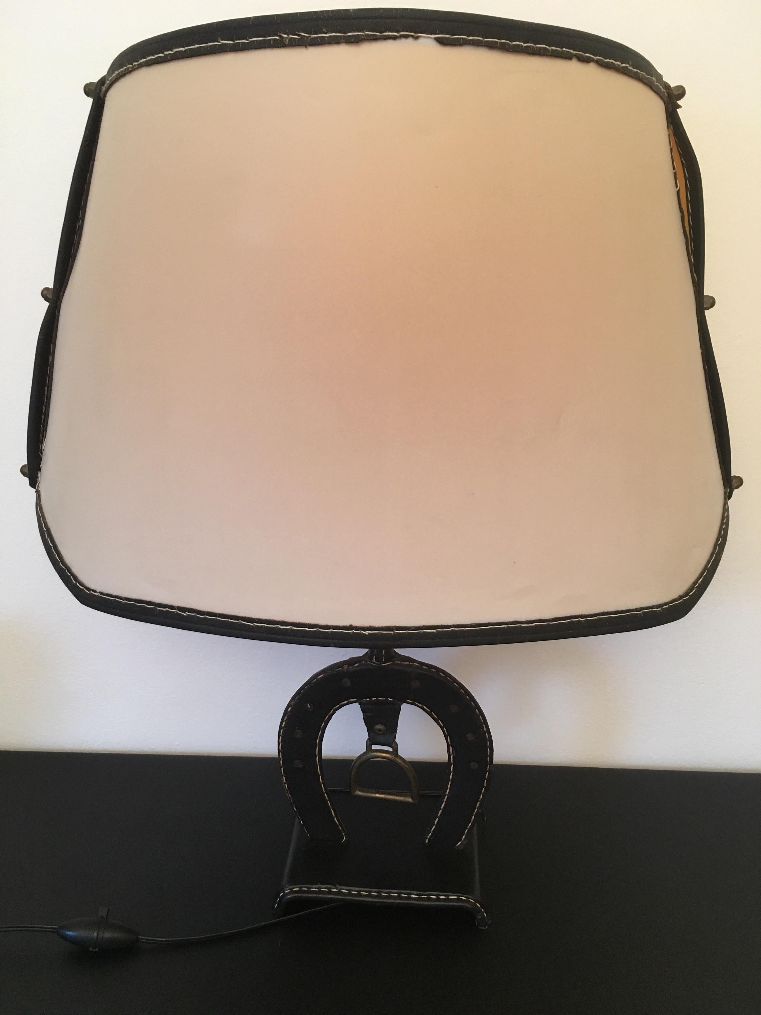 Mid-20th Century Jacques Adnet Large Equestrian Black Stitched Leather Table Lamp, French 1950s For Sale
