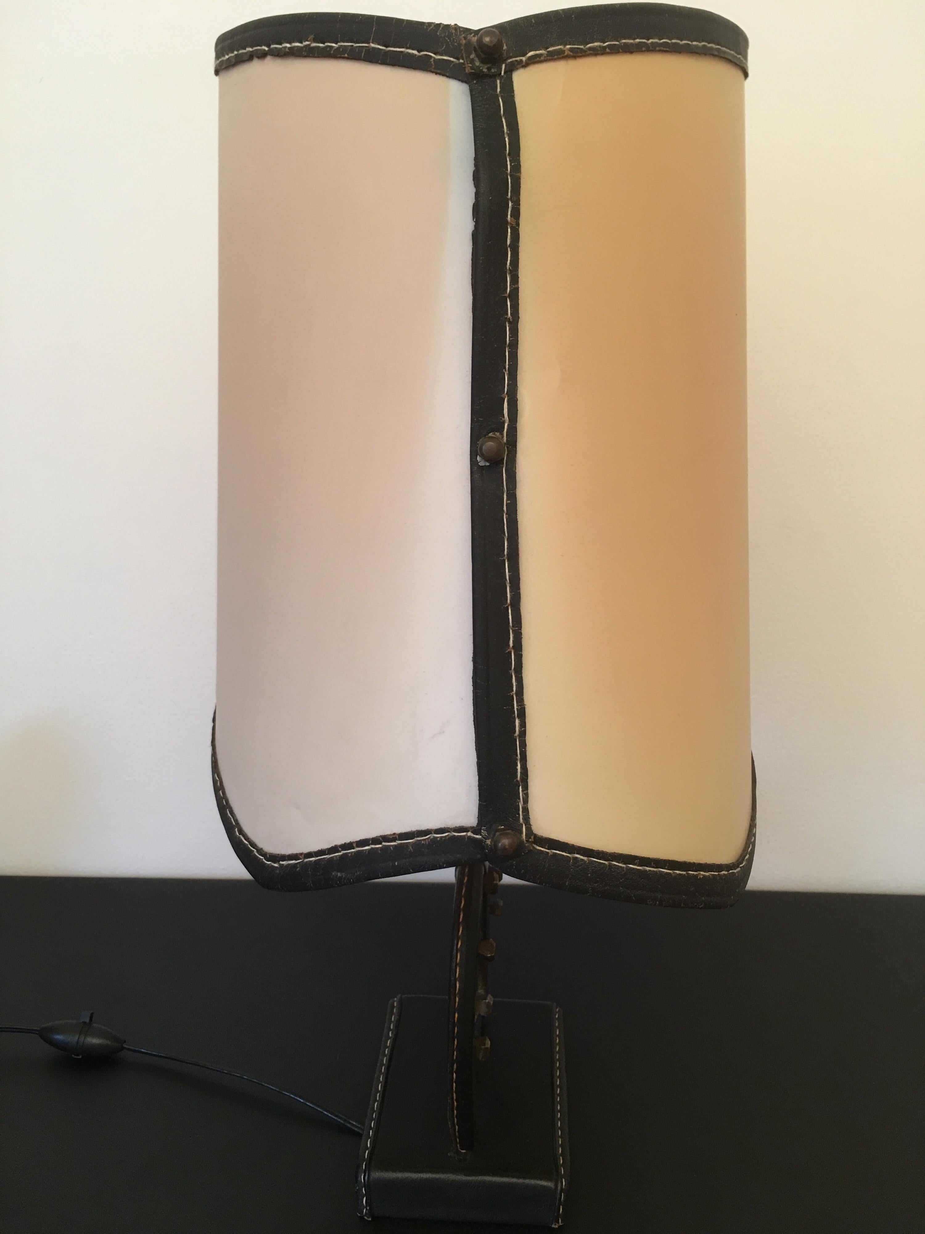 Brass Jacques Adnet Large Equestrian Black Stitched Leather Table Lamp, French 1950s For Sale