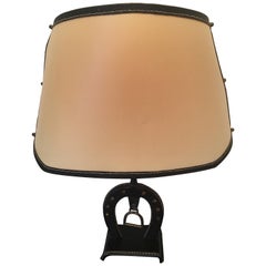 Jacques Adnet Large Equestrian Black Stitched Leather Table Lamp, French 1950s