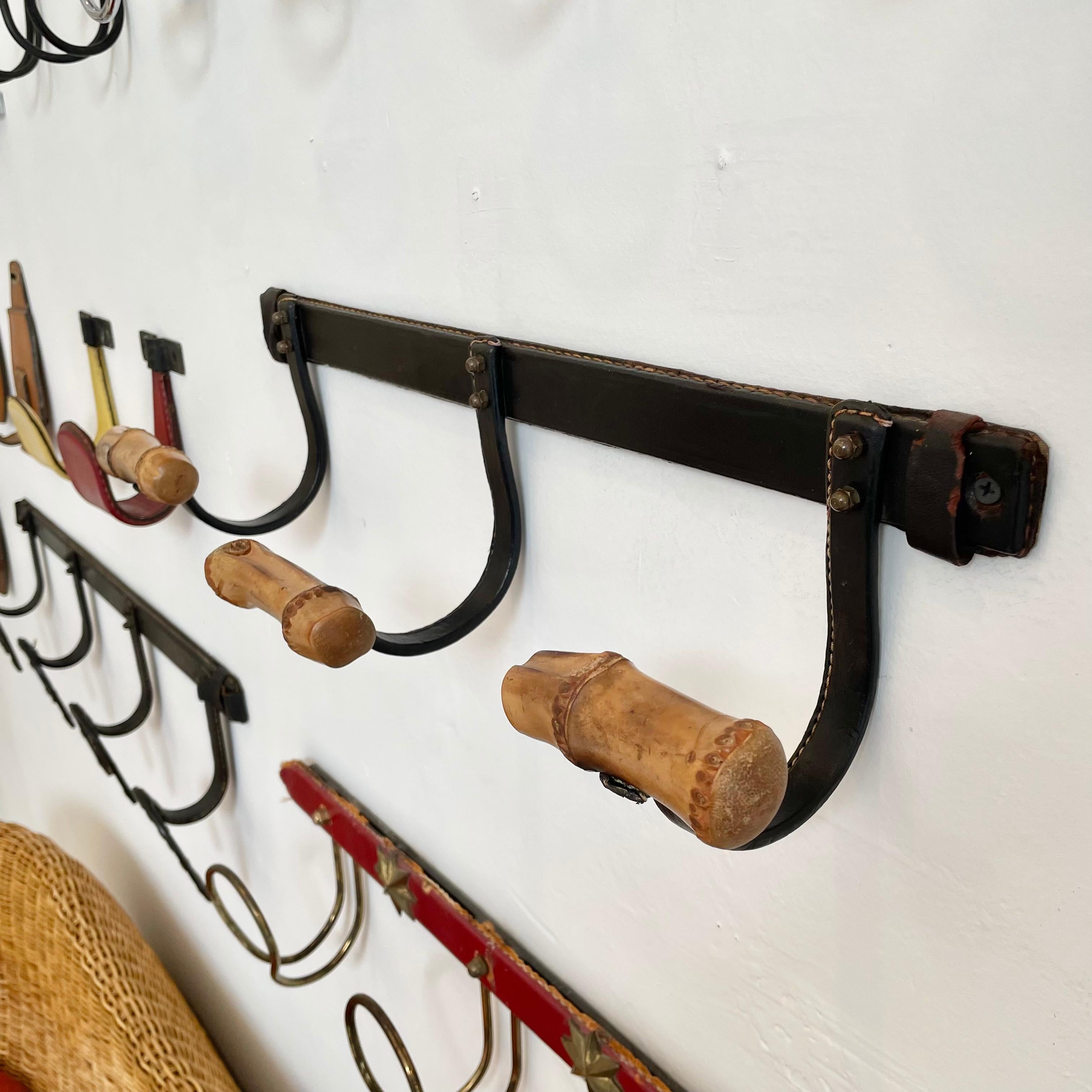 French Jacques Adnet Leather and Bamboo Coat Rack