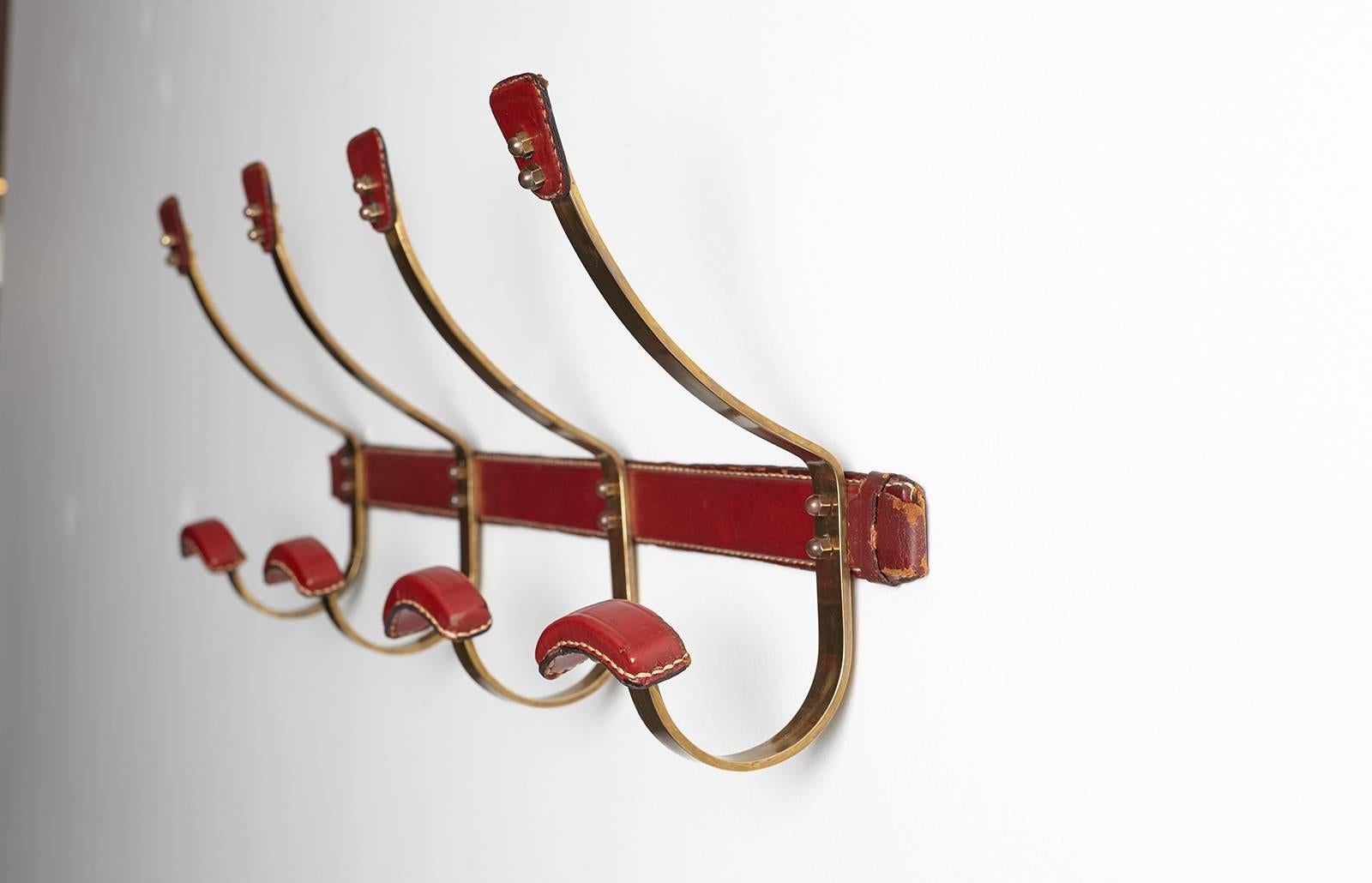 French Jacques Adnet Leather and Brass Coat Rack