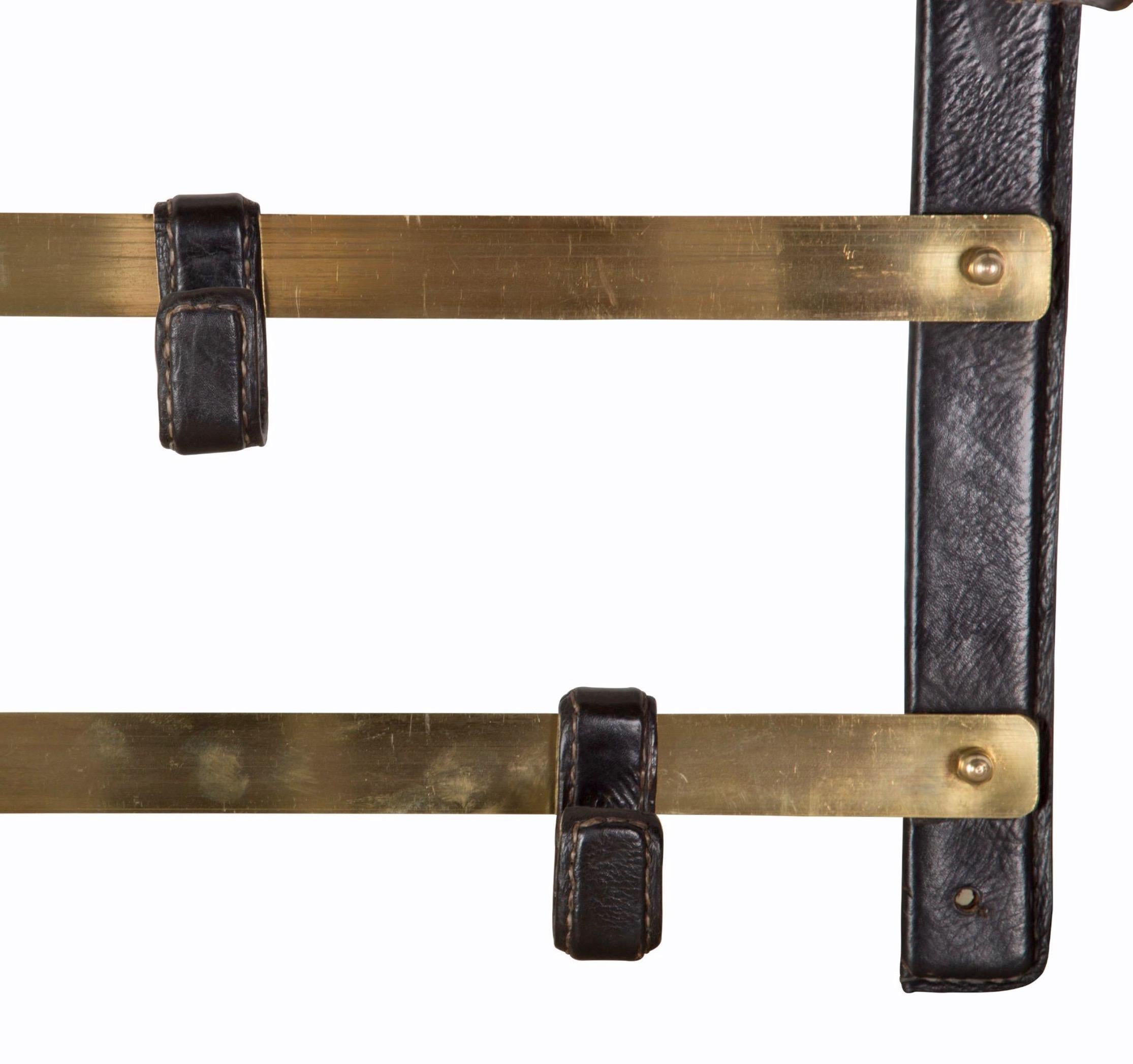 Adnet Style Leather and Brass Coat Rack In Good Condition In Los Angeles, CA