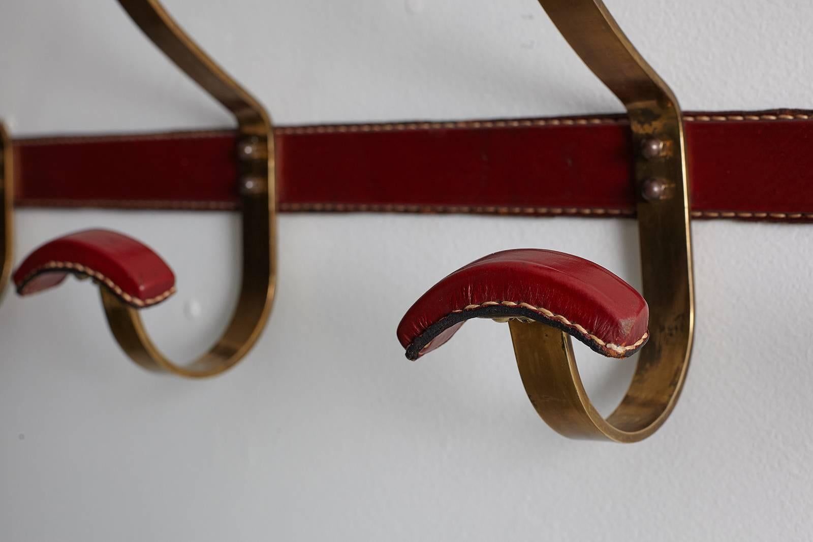 Mid-20th Century Jacques Adnet Leather and Brass Coat Rack