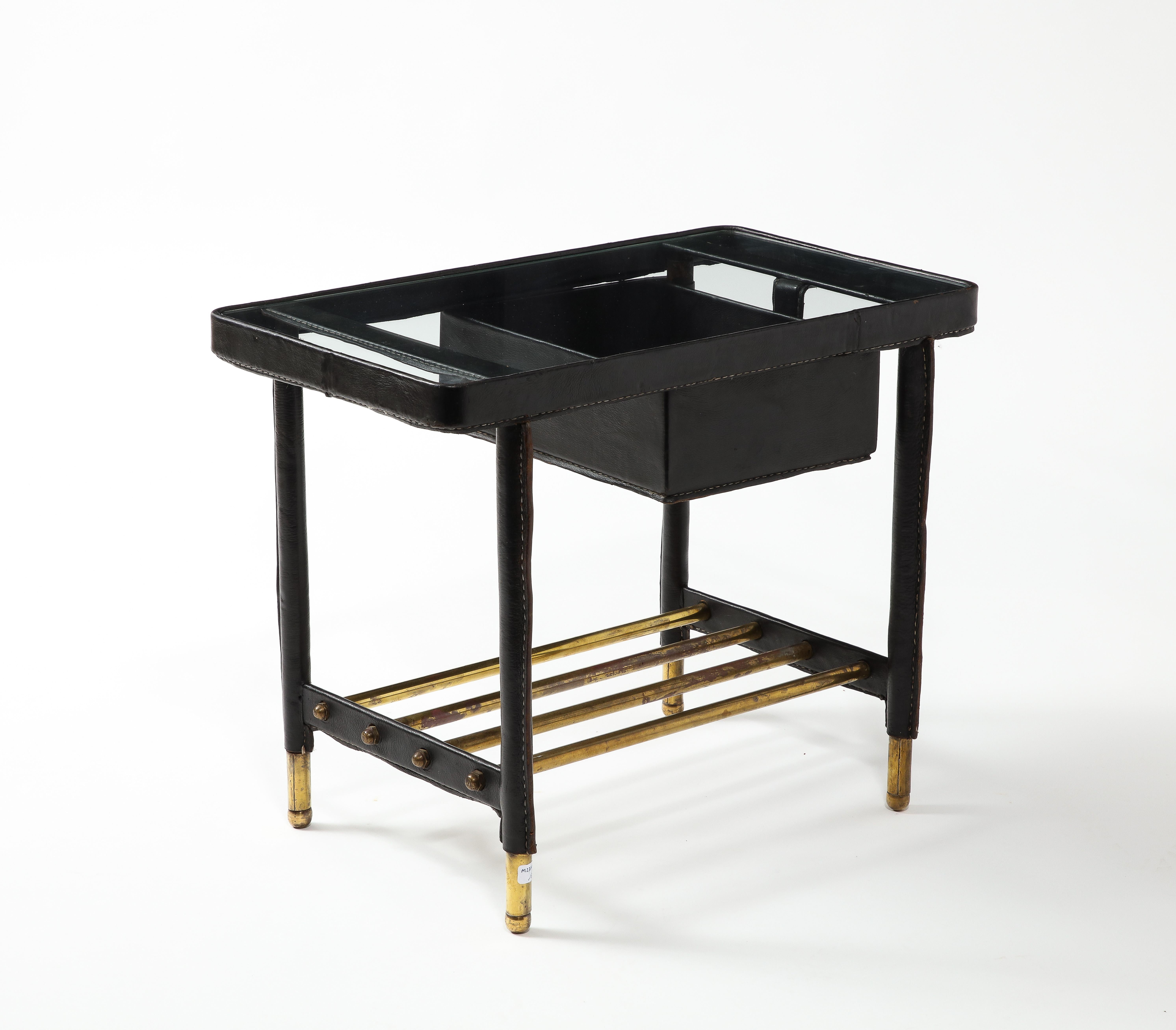 Jacques Adnet Leather and Brass End Table, France 1950's For Sale 4