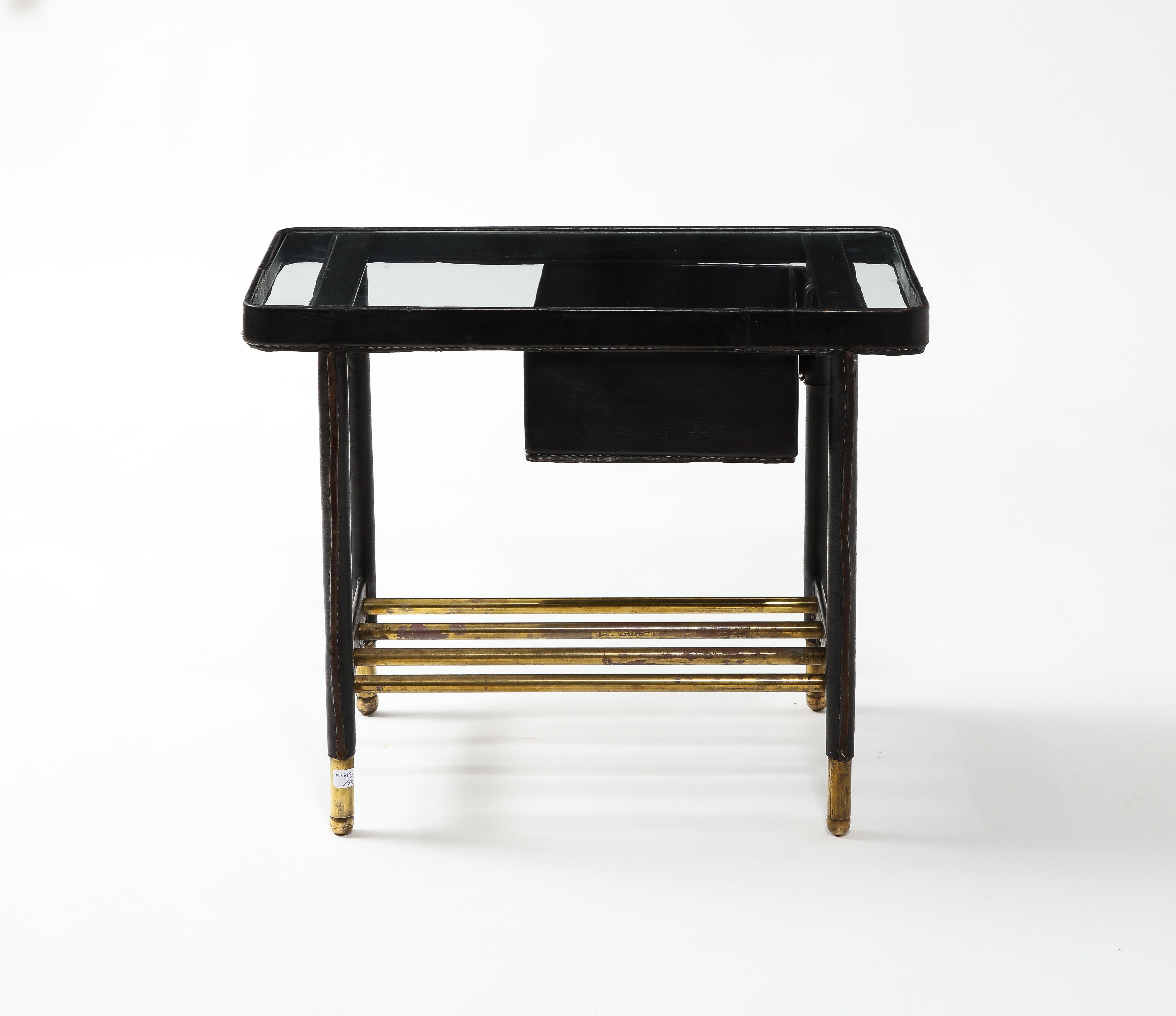 Jacques Adnet Leather and Brass End Table, France 1950's For Sale 5