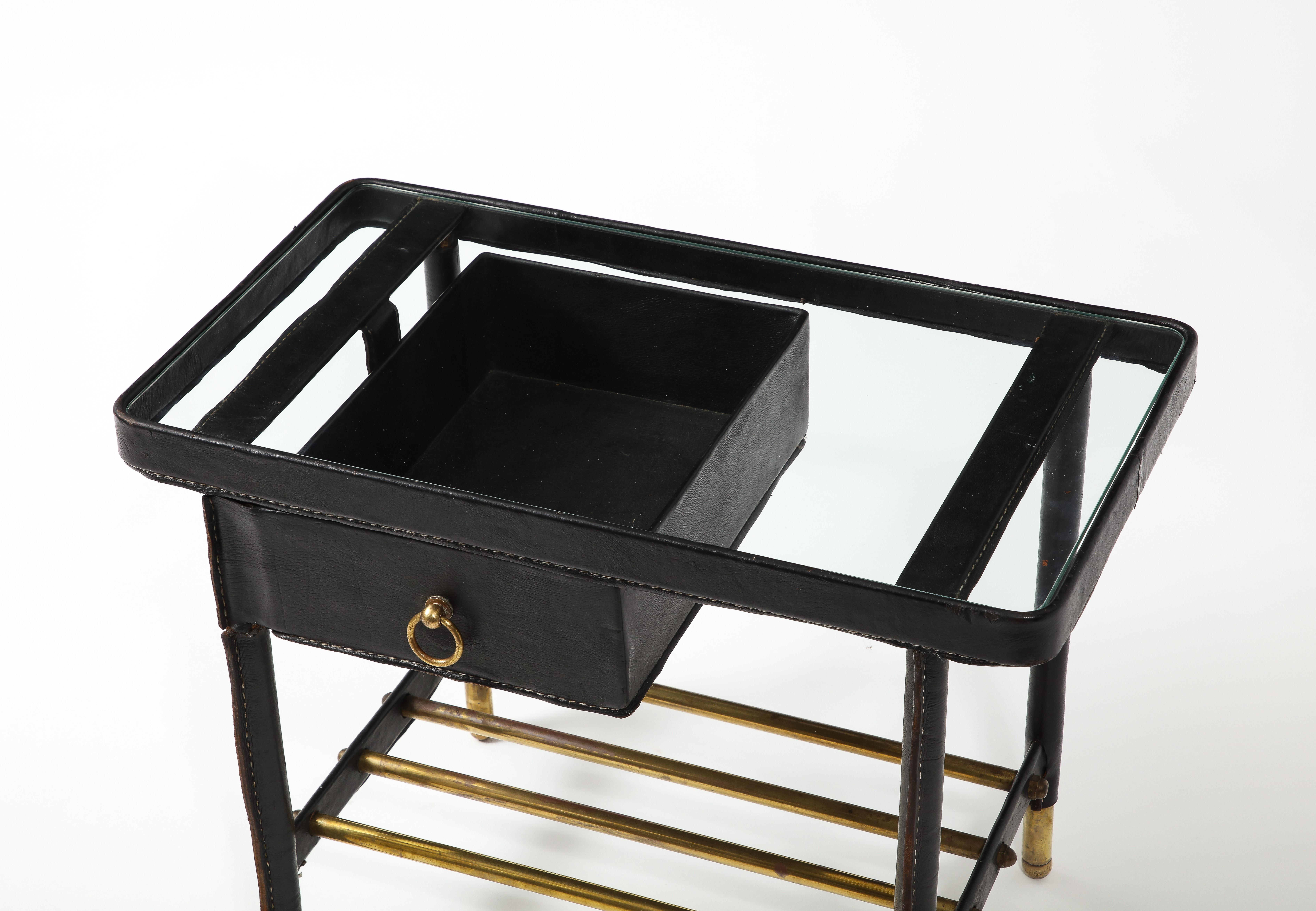 European Jacques Adnet Leather and Brass End Table, France 1950's For Sale