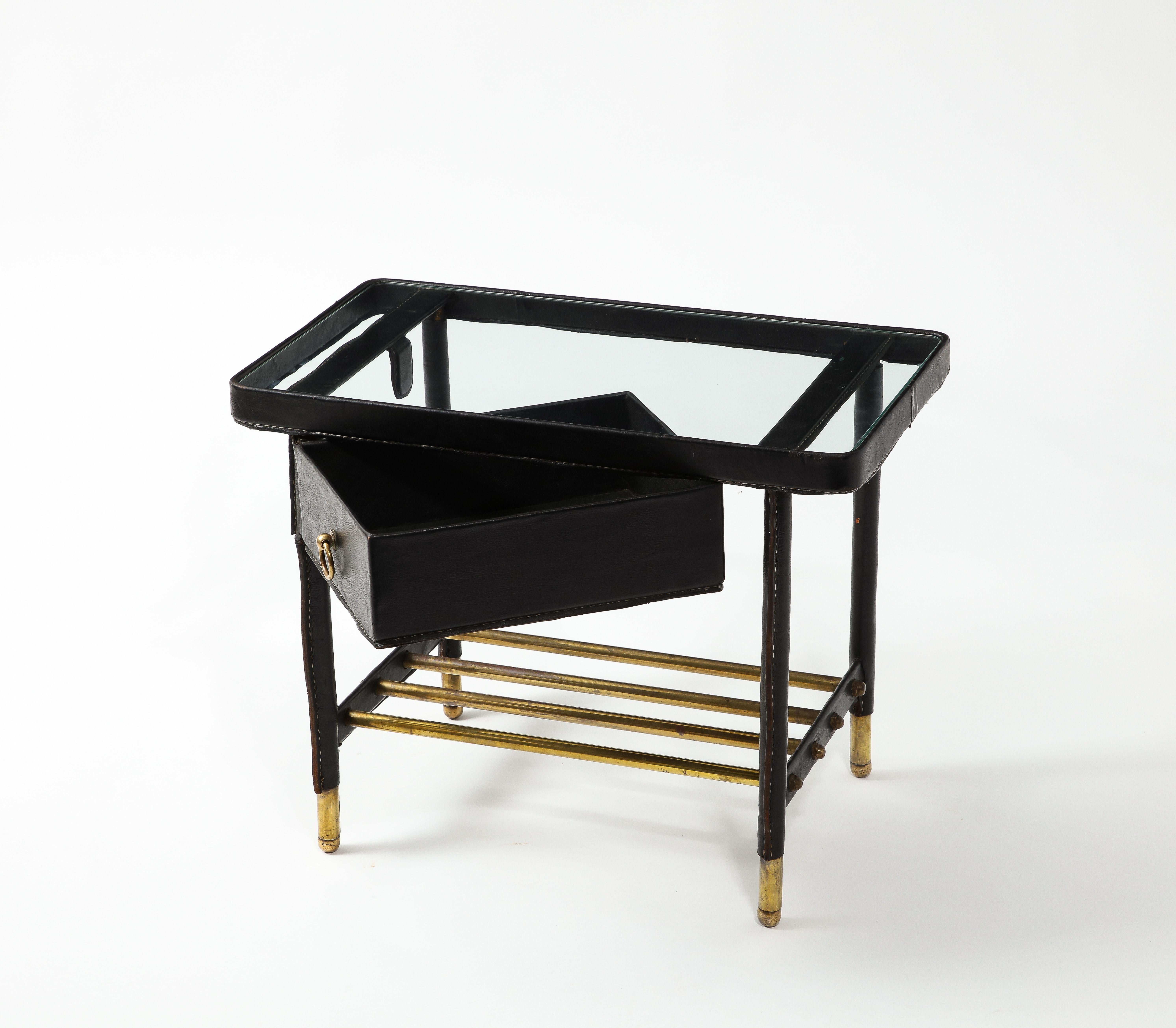 20th Century Jacques Adnet Leather and Brass End Table, France 1950's For Sale