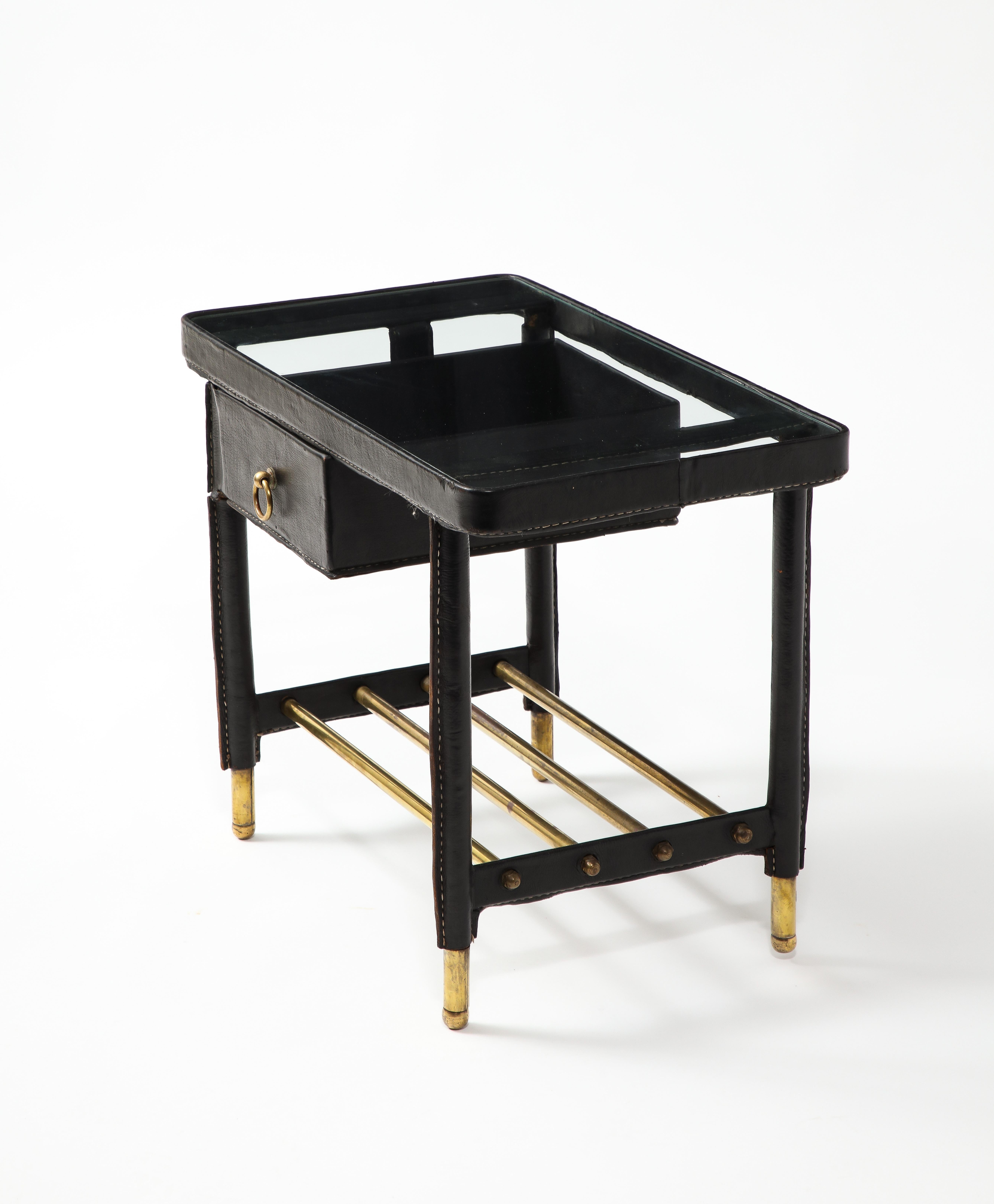 Jacques Adnet Leather and Brass End Table, France 1950's For Sale 1