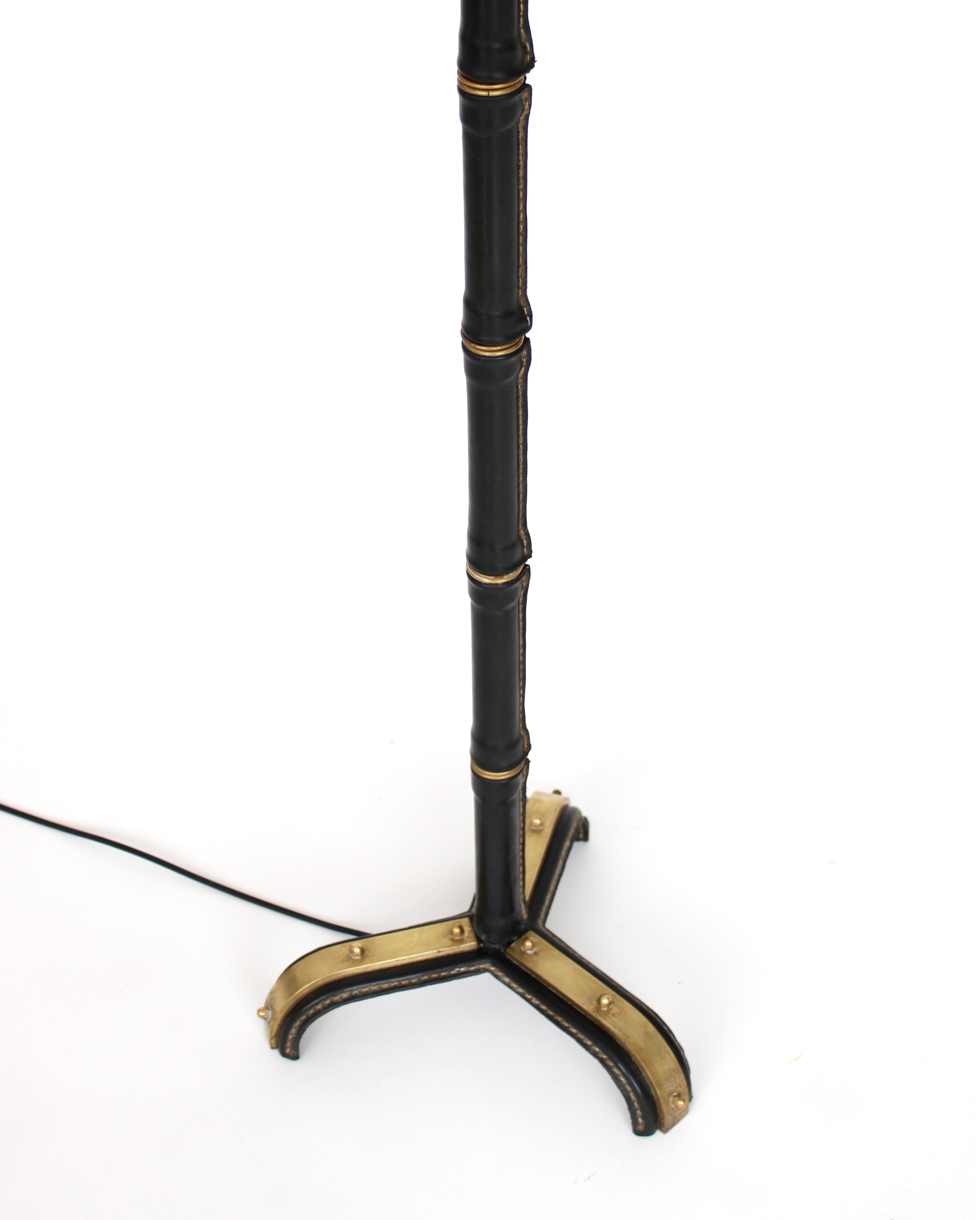 Jacques Adnet Leather and Brass French Floor Lamp In Good Condition In Chicago, IL