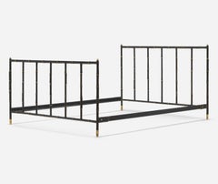 Jacques Adnet Style Leather and Brass Full Size Bed Frame, France 1950s