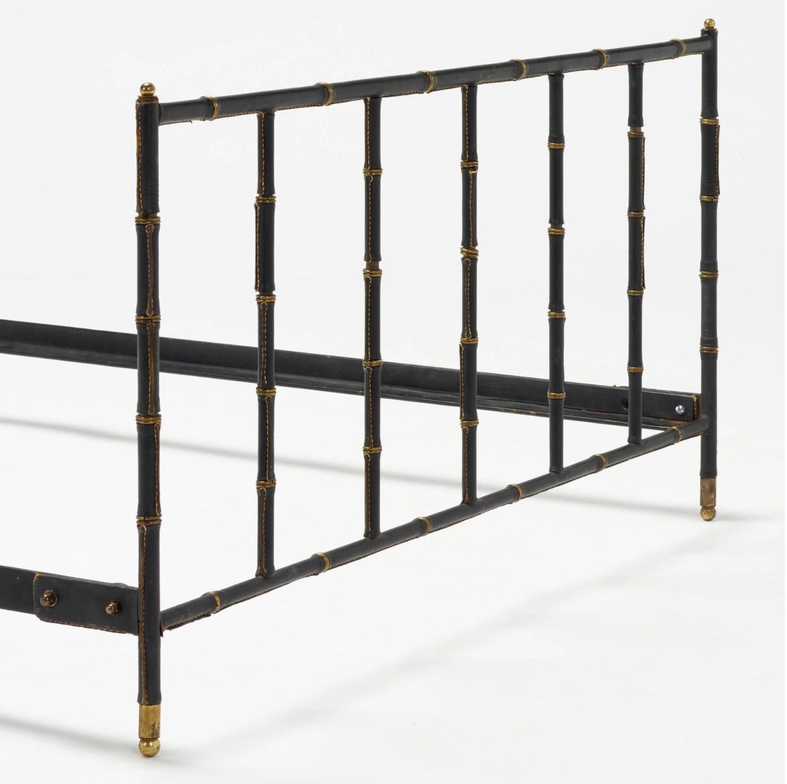 Mid-Century Modern Jacques Adnet Leather and Brass Full Size Bed Frame, France 1950 For Sale
