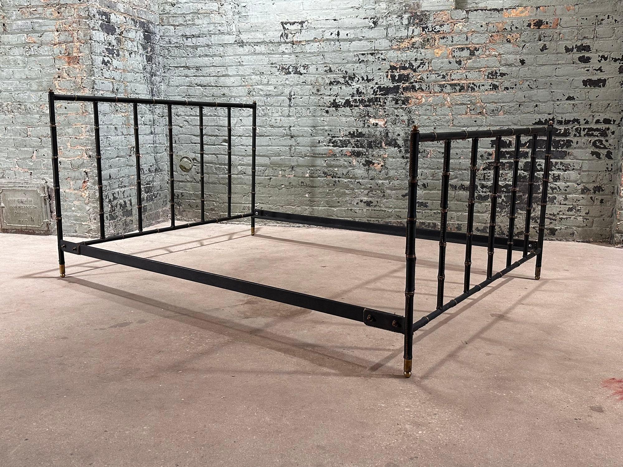 French Jacques Adnet Leather and Brass Full Size Bed Frame, France 1950 For Sale