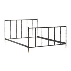 Jacques Adnet Leather and Brass Full Size Bed Frame, France 1950
