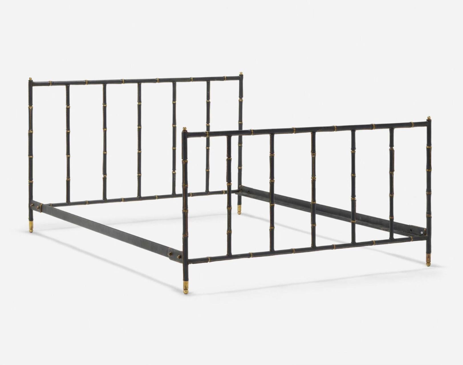 Jacques Adnet Leather and Brass Full Size Bed Frame, France 1950 For Sale