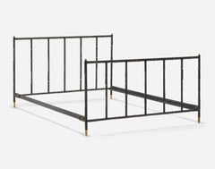 Vintage Jacques Adnet Leather and Brass Full Size Bed Frame, France 1950