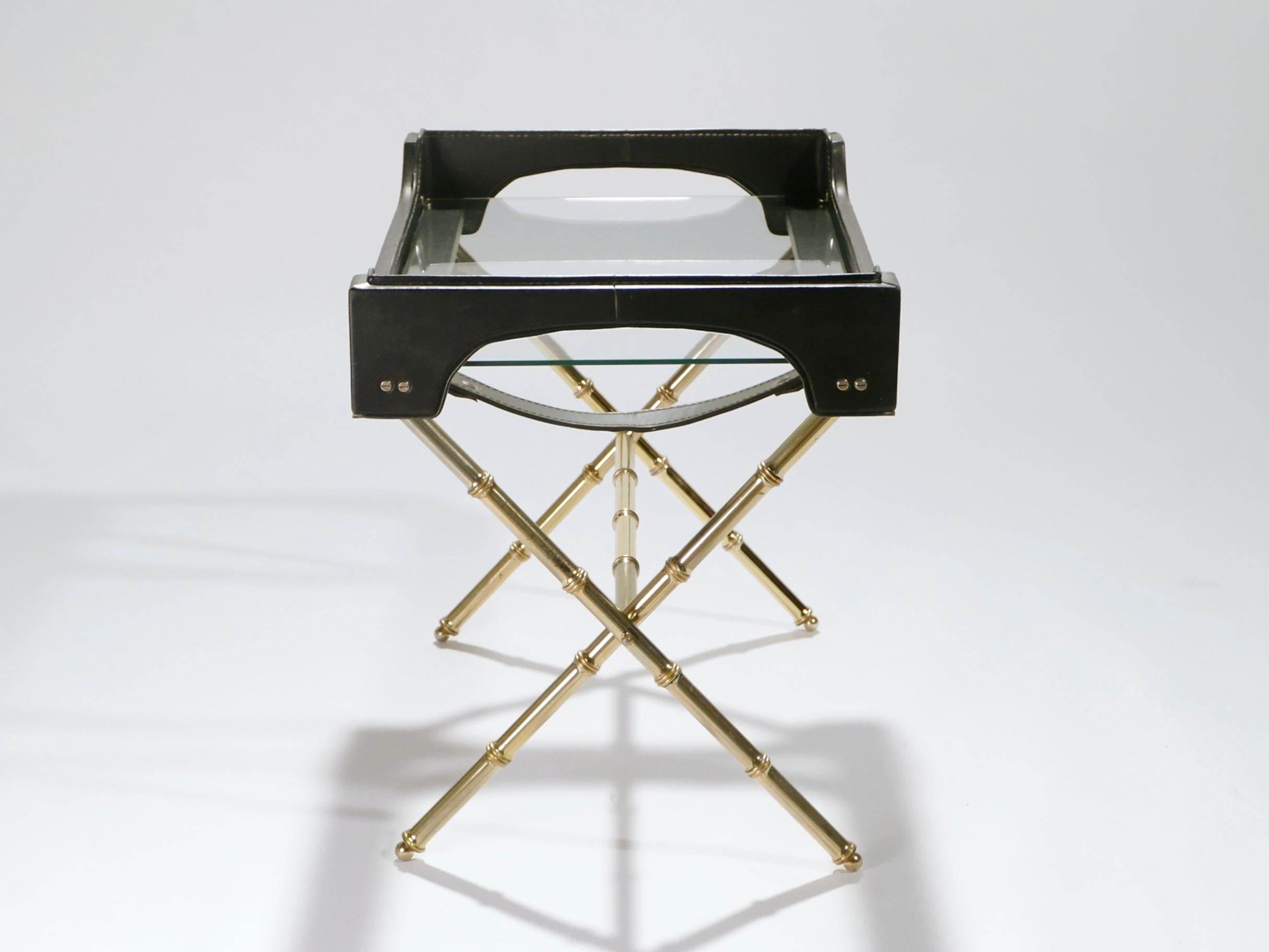 French Jacques Adnet Leather and Brass Side Table with Tray, 1950s