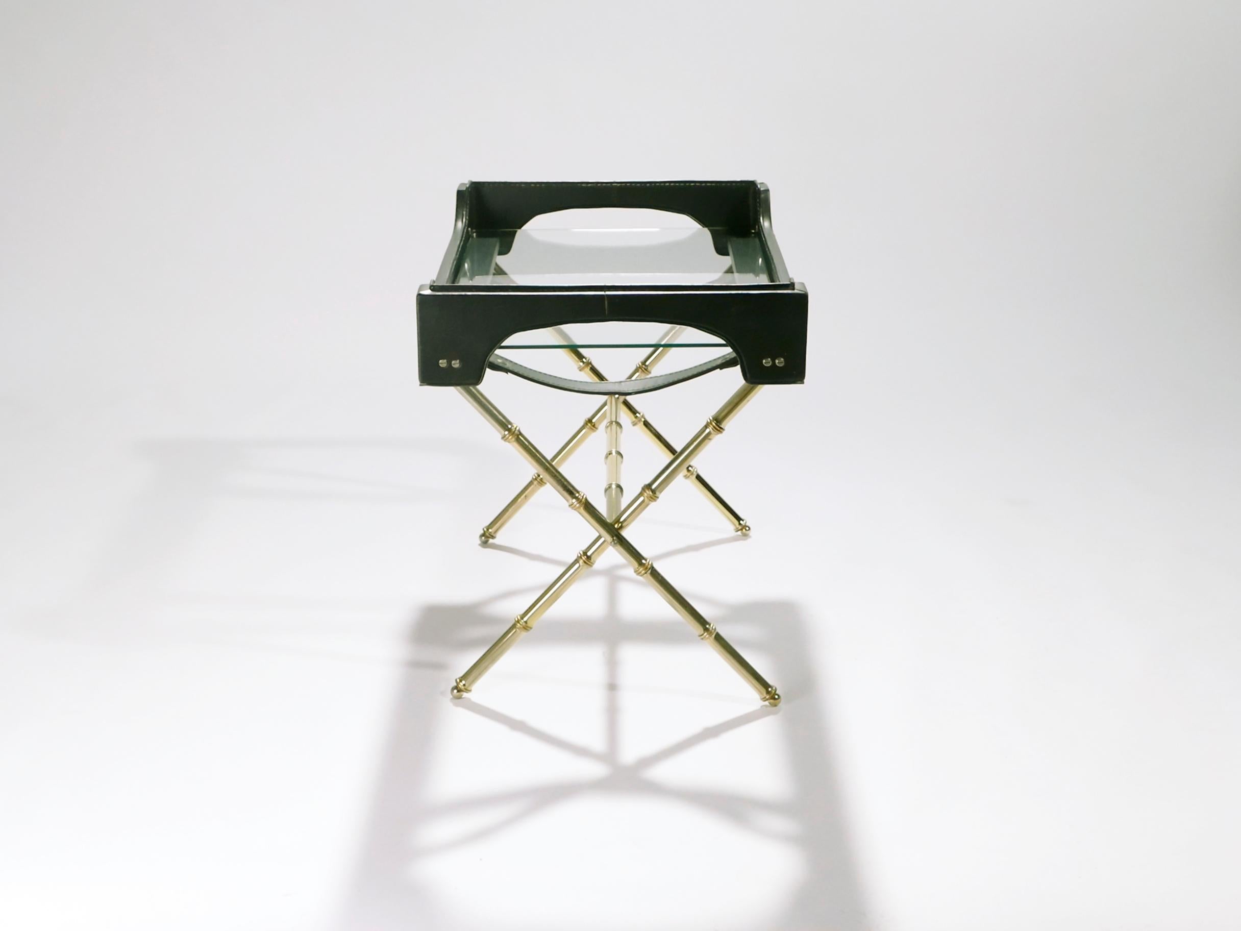 Jacques Adnet Leather and Brass Side Table with Tray, 1950s In Excellent Condition In Paris, IDF