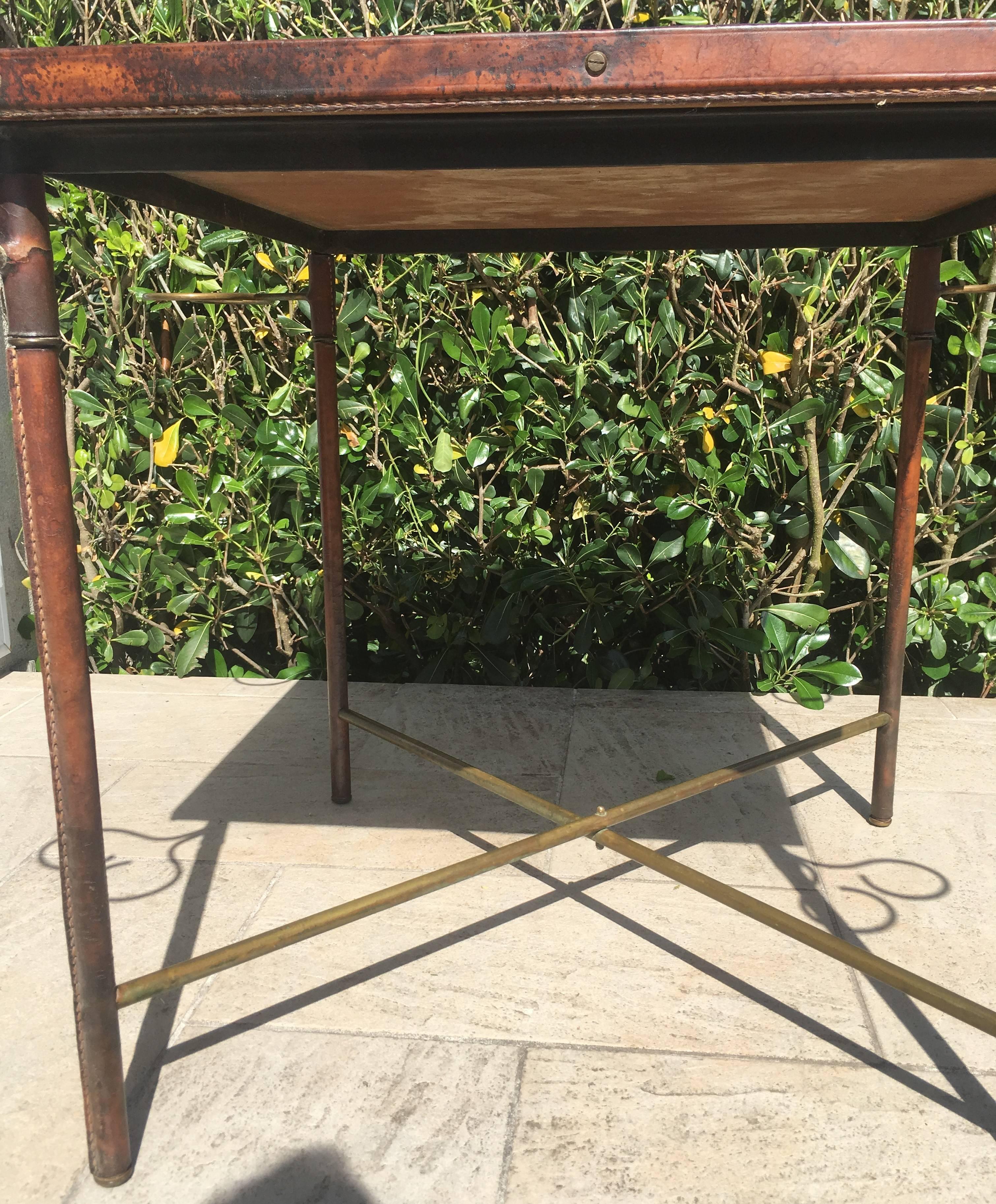 Jacques Adnet Leather and Brass Square Table, Black Ceramic Top, France, 1950s For Sale 4