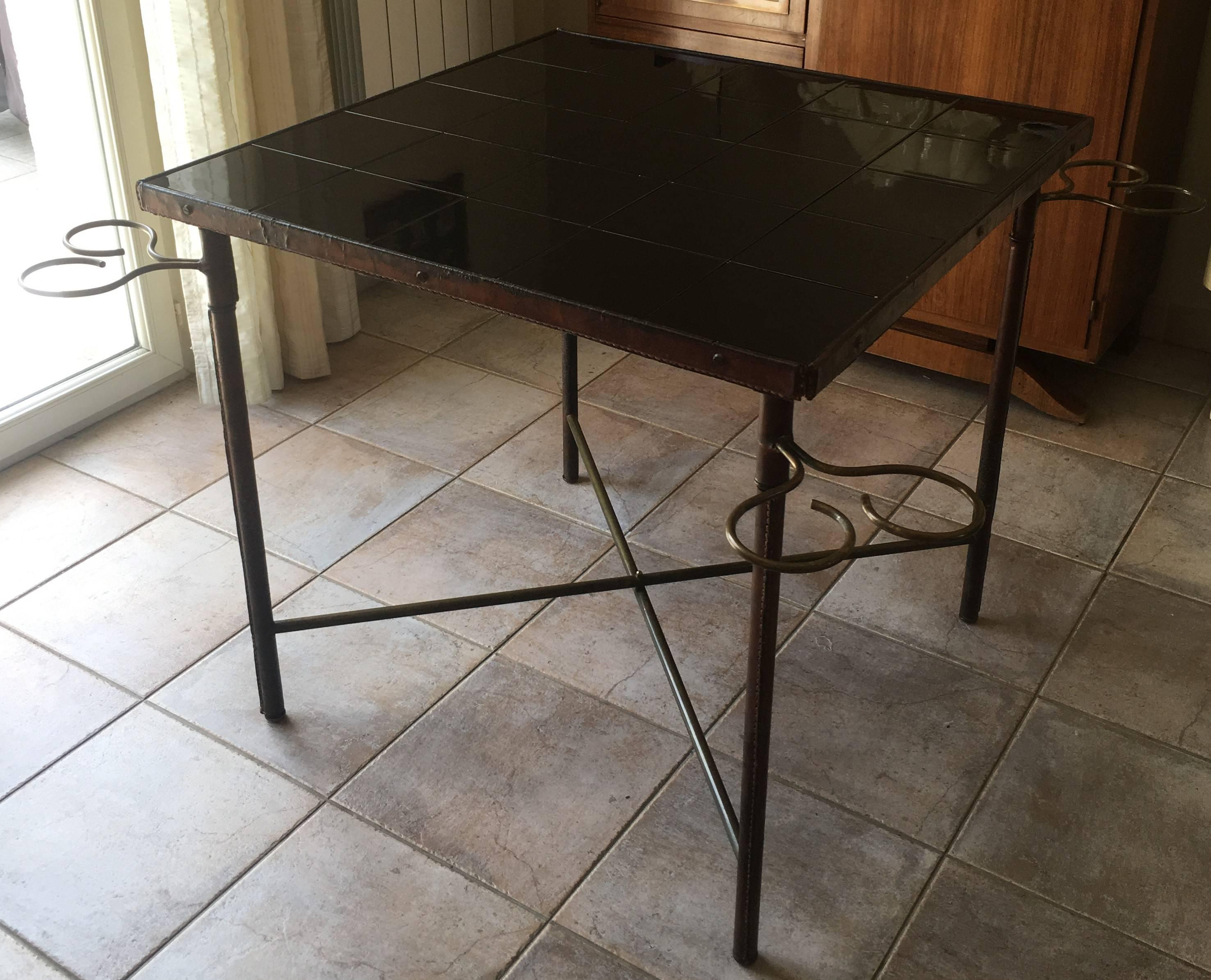 Mid-Century Modern Jacques Adnet Leather and Brass Square Table, Black Ceramic Top, France, 1950s For Sale