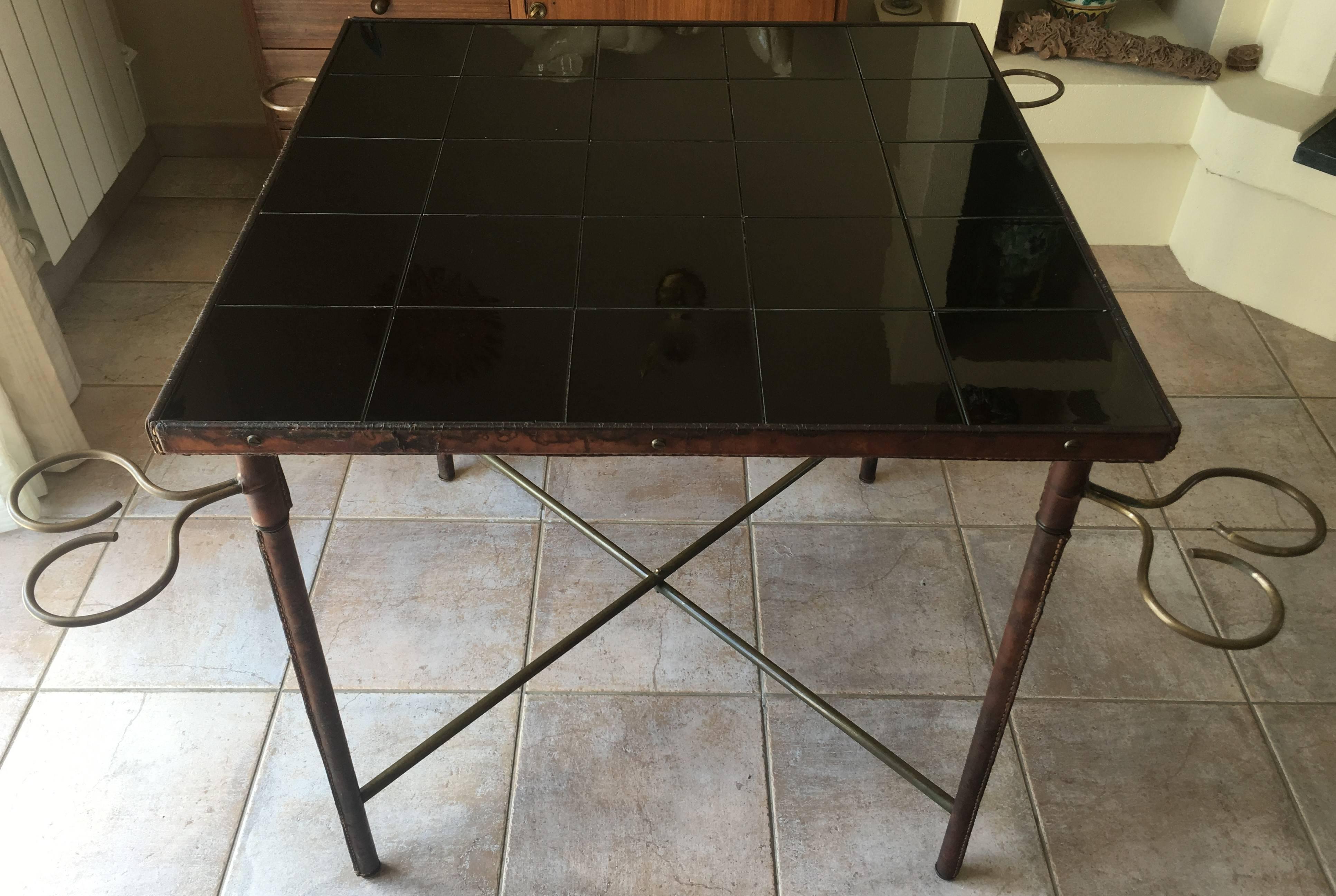 French Jacques Adnet Leather and Brass Square Table, Black Ceramic Top, France, 1950s For Sale