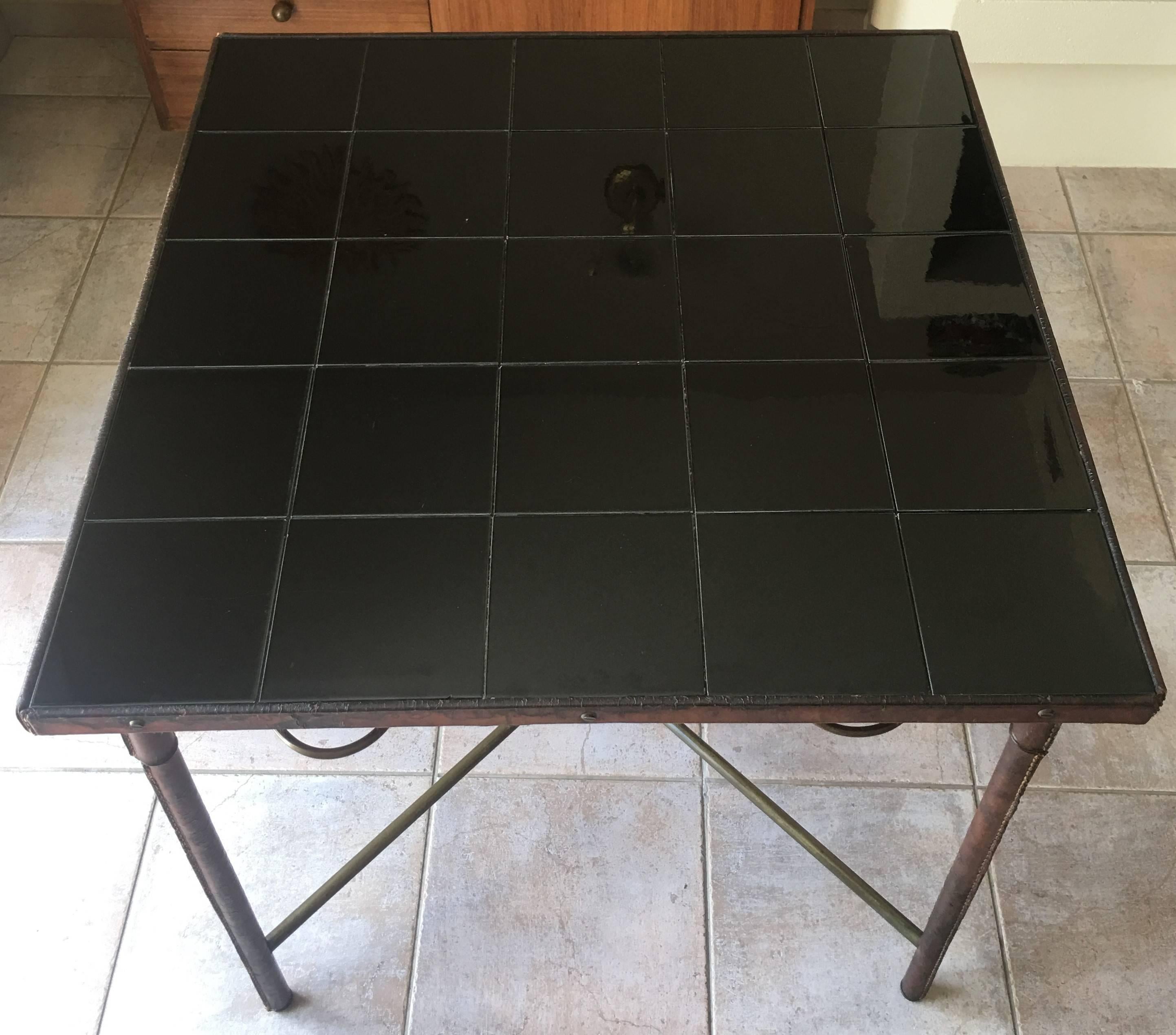 Jacques Adnet Leather and Brass Square Table, Black Ceramic Top, France, 1950s In Good Condition For Sale In Aix En Provence, FR