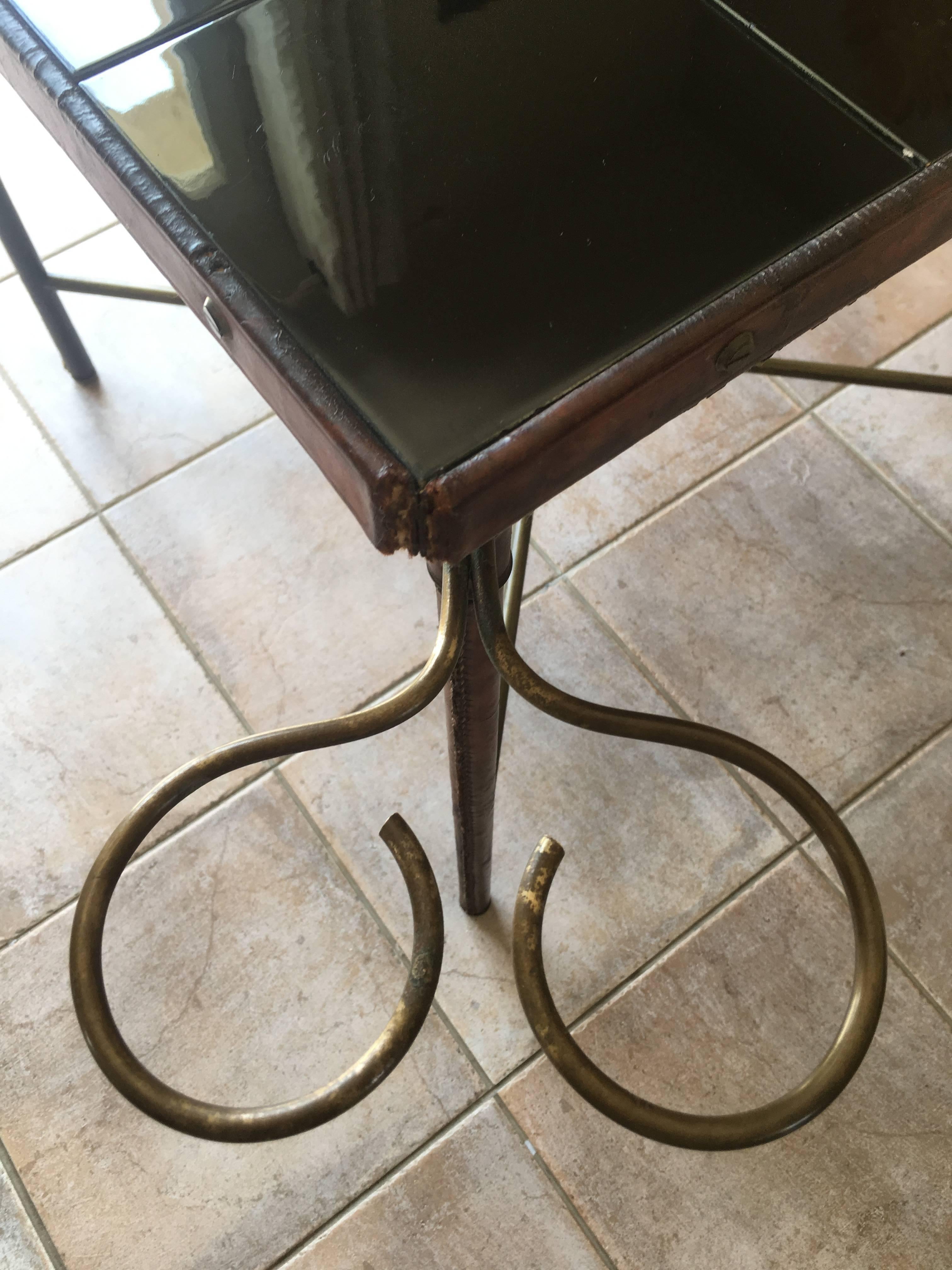 Jacques Adnet Leather and Brass Square Table, Black Ceramic Top, France, 1950s For Sale 1