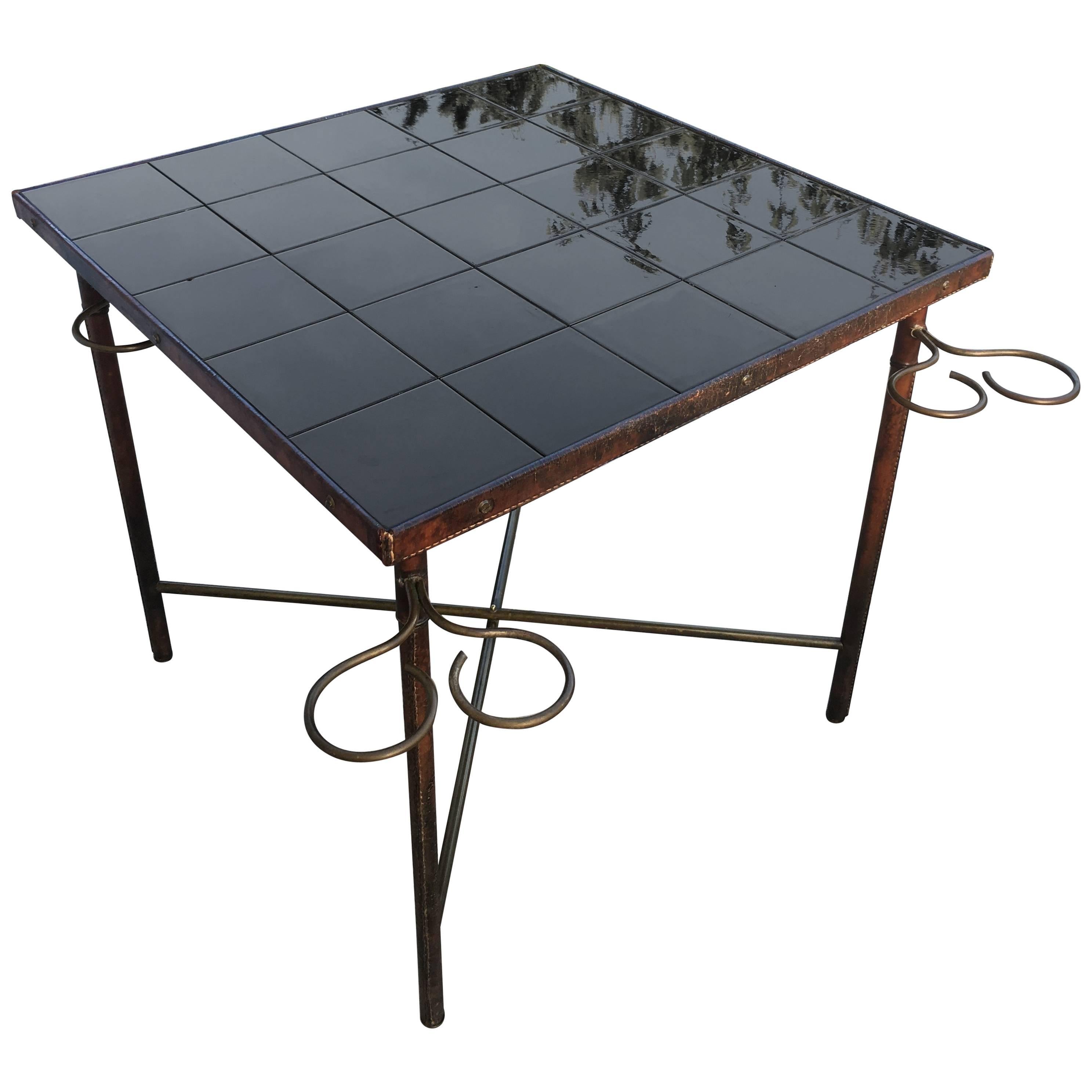 Jacques Adnet Leather and Brass Square Table, Black Ceramic Top, France, 1950s For Sale