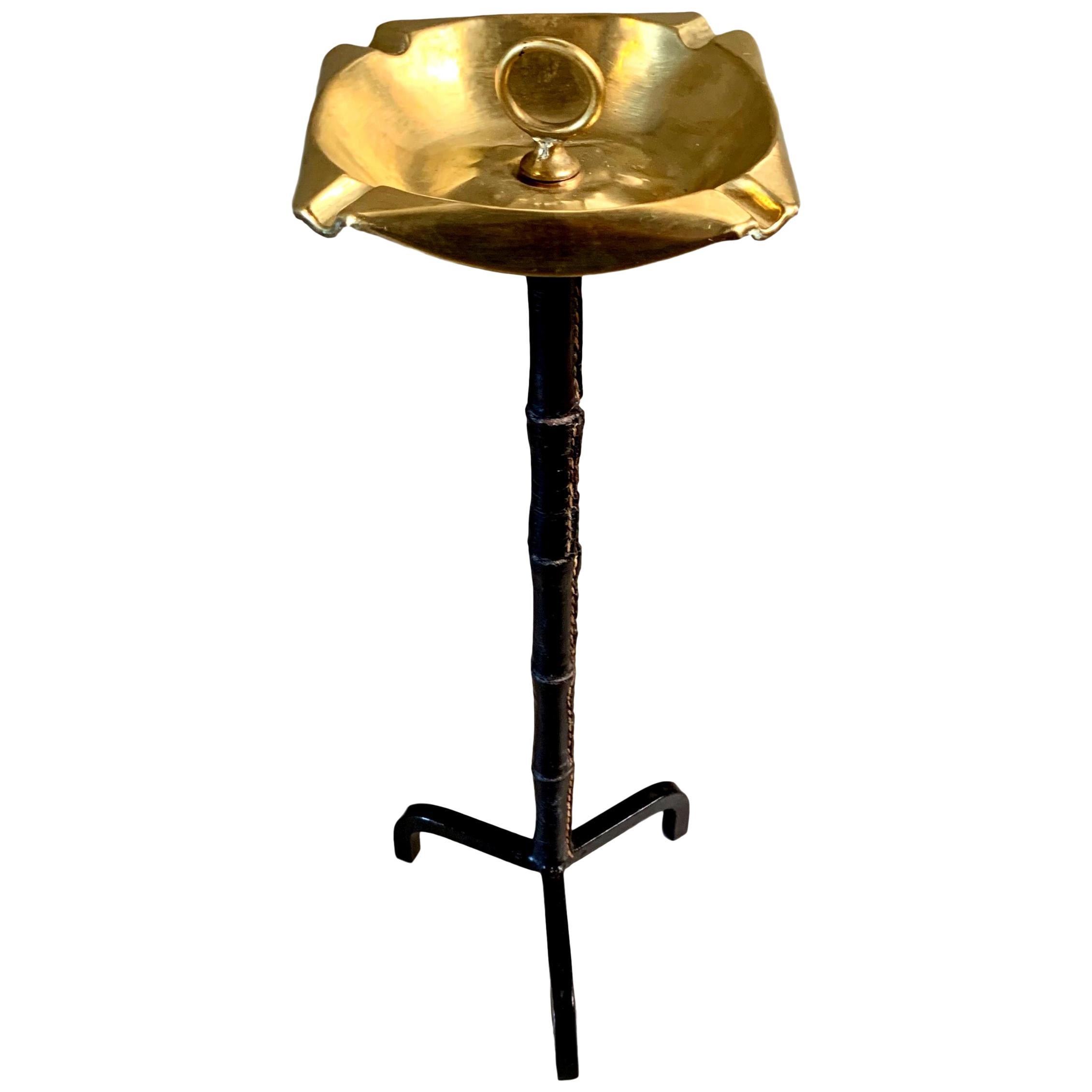 Jacques Adnet Leather and Brass Standing Ashtray