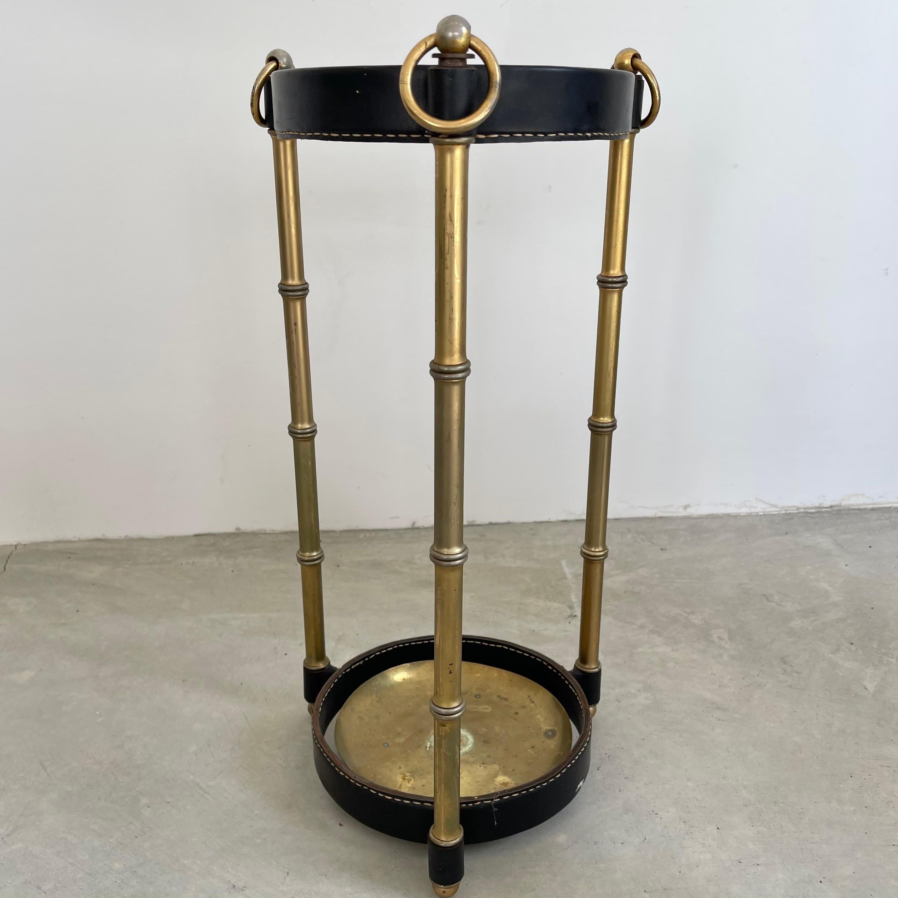 Art Deco Jacques Adnet Leather and Brass Umbrella Stand, 1950s For Sale