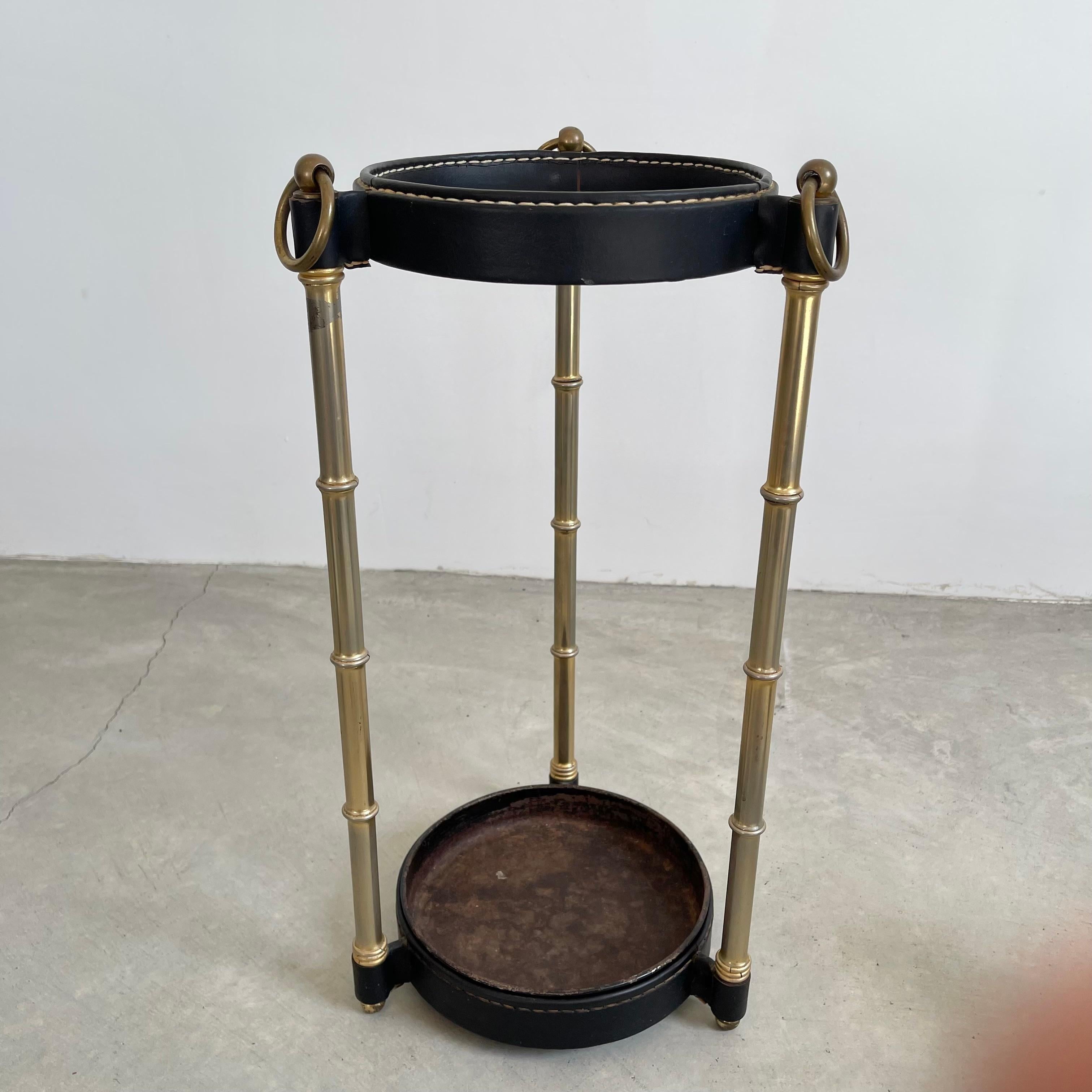 Art Deco Jacques Adnet Leather and Brass Umbrella Stand, 1950s
