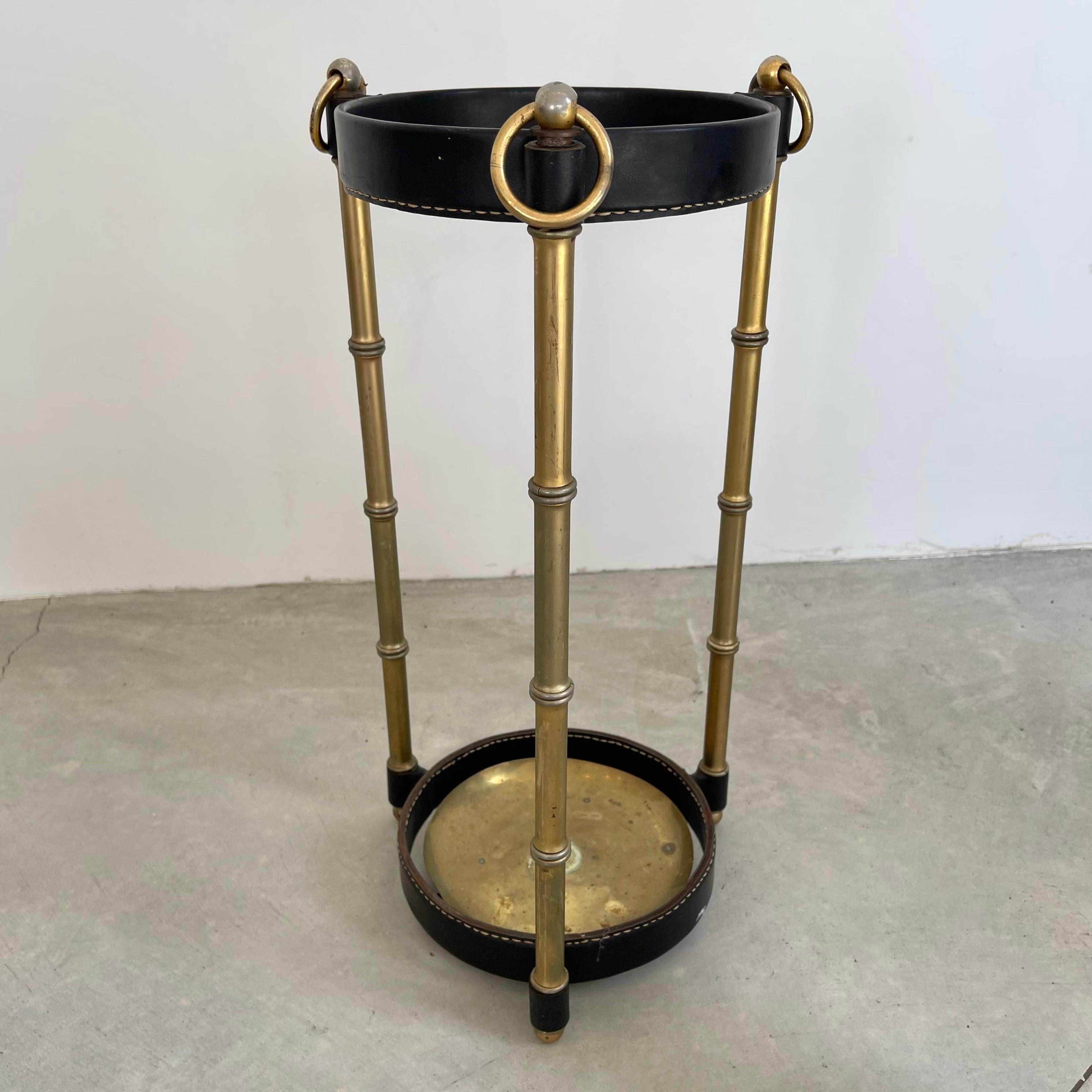 French Jacques Adnet Leather and Brass Umbrella Stand, 1950s For Sale