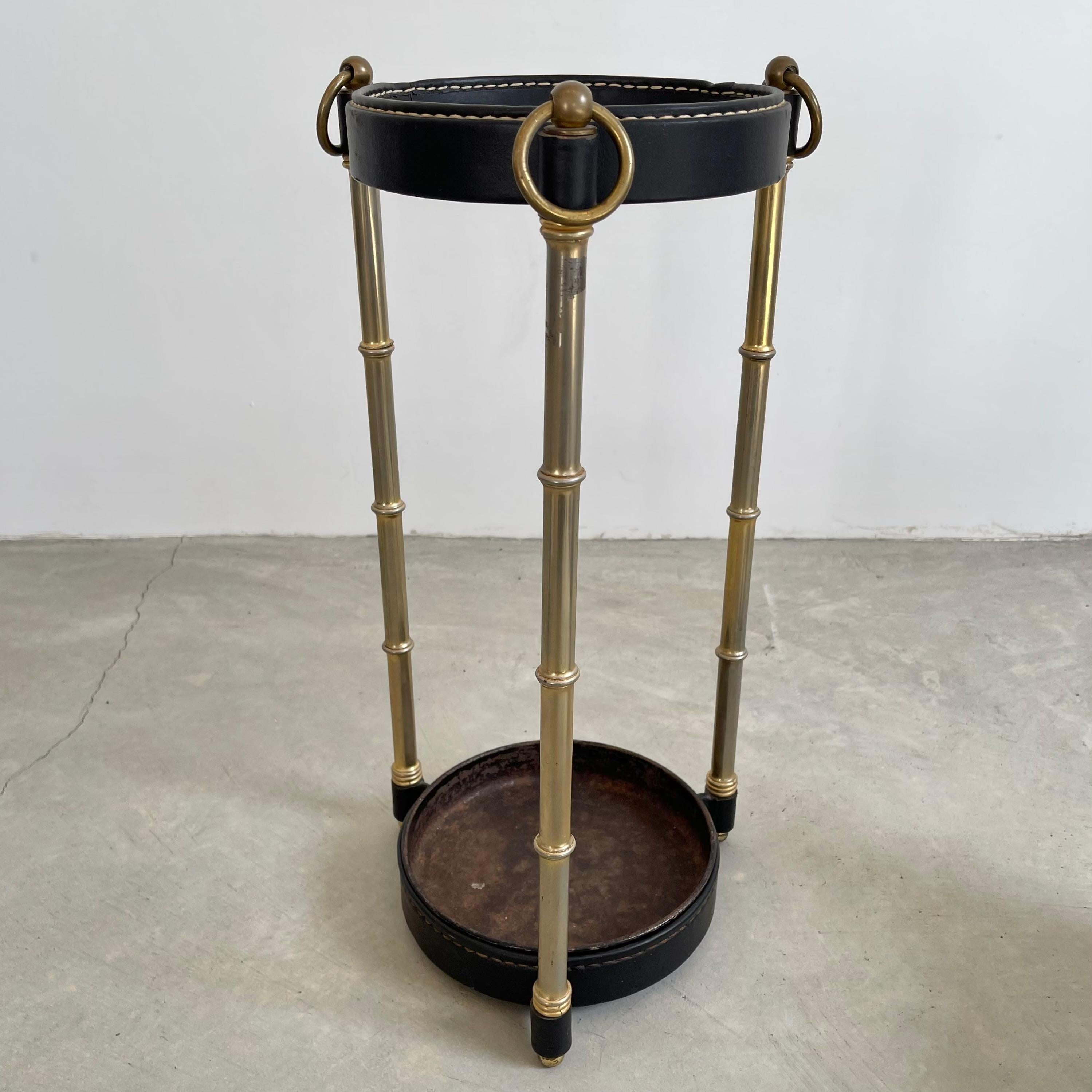 French Jacques Adnet Leather and Brass Umbrella Stand, 1950s