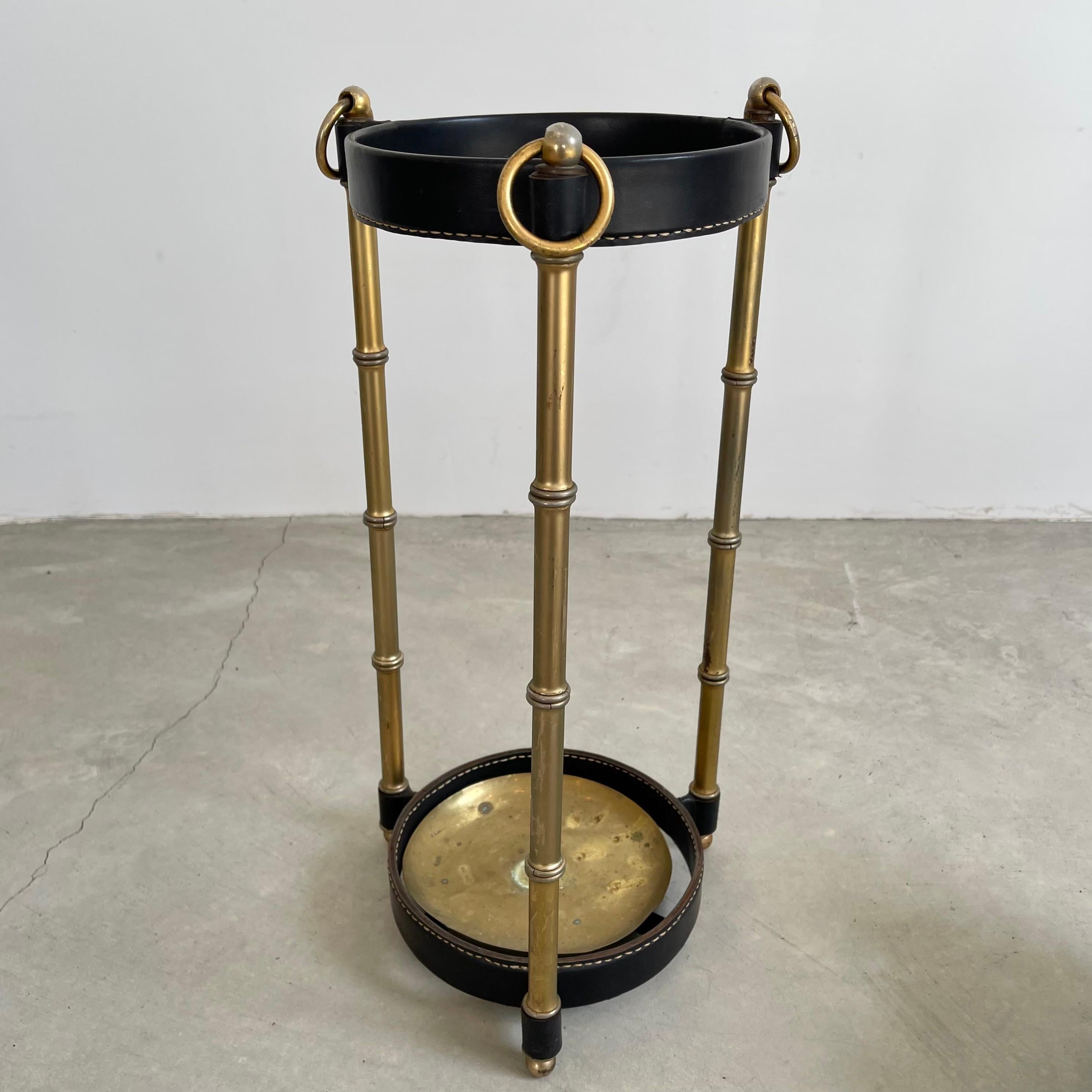 Jacques Adnet Leather and Brass Umbrella Stand, 1950s In Good Condition For Sale In Los Angeles, CA