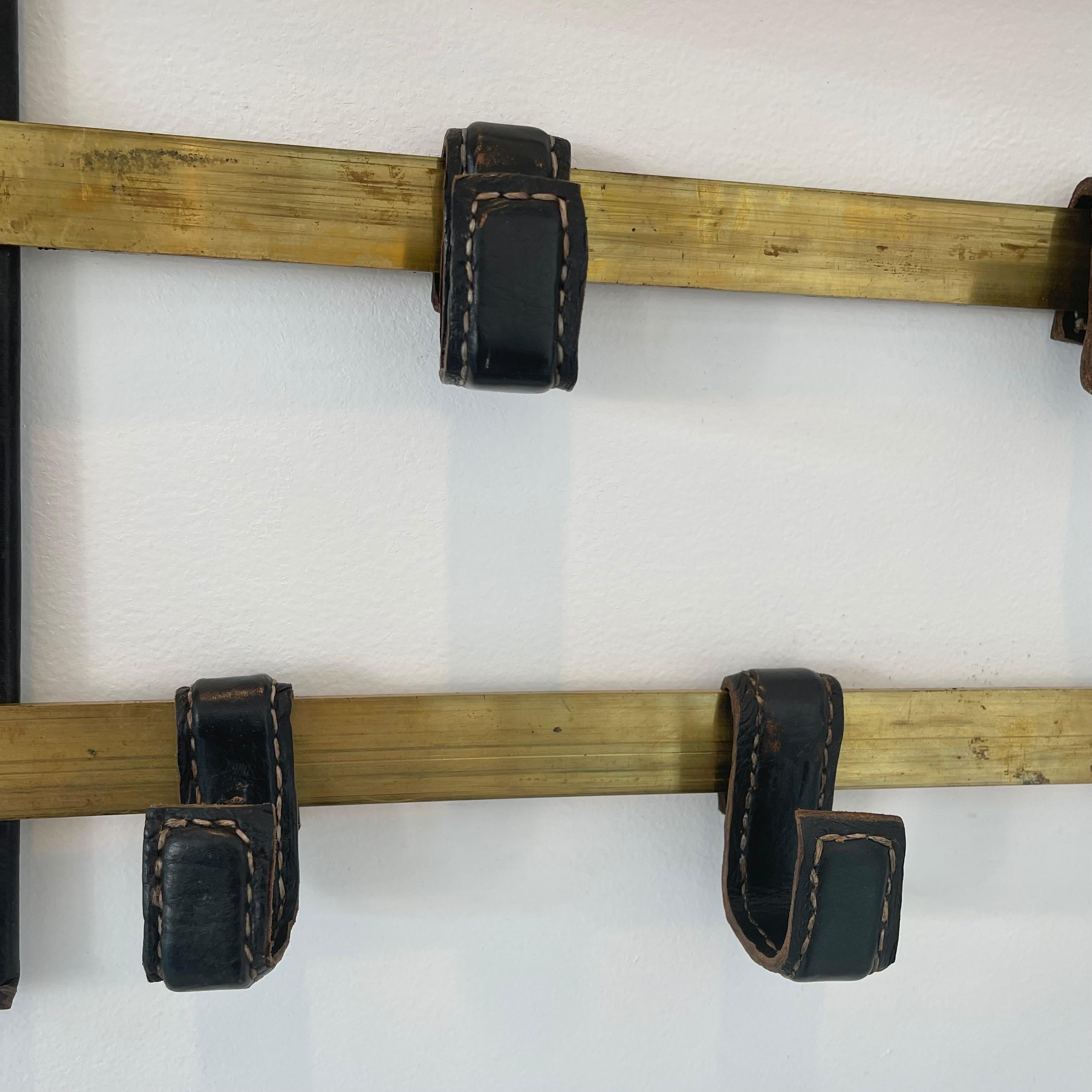 Jacques Adnet Leather and Brass Wall Rack, 1950s France For Sale 5