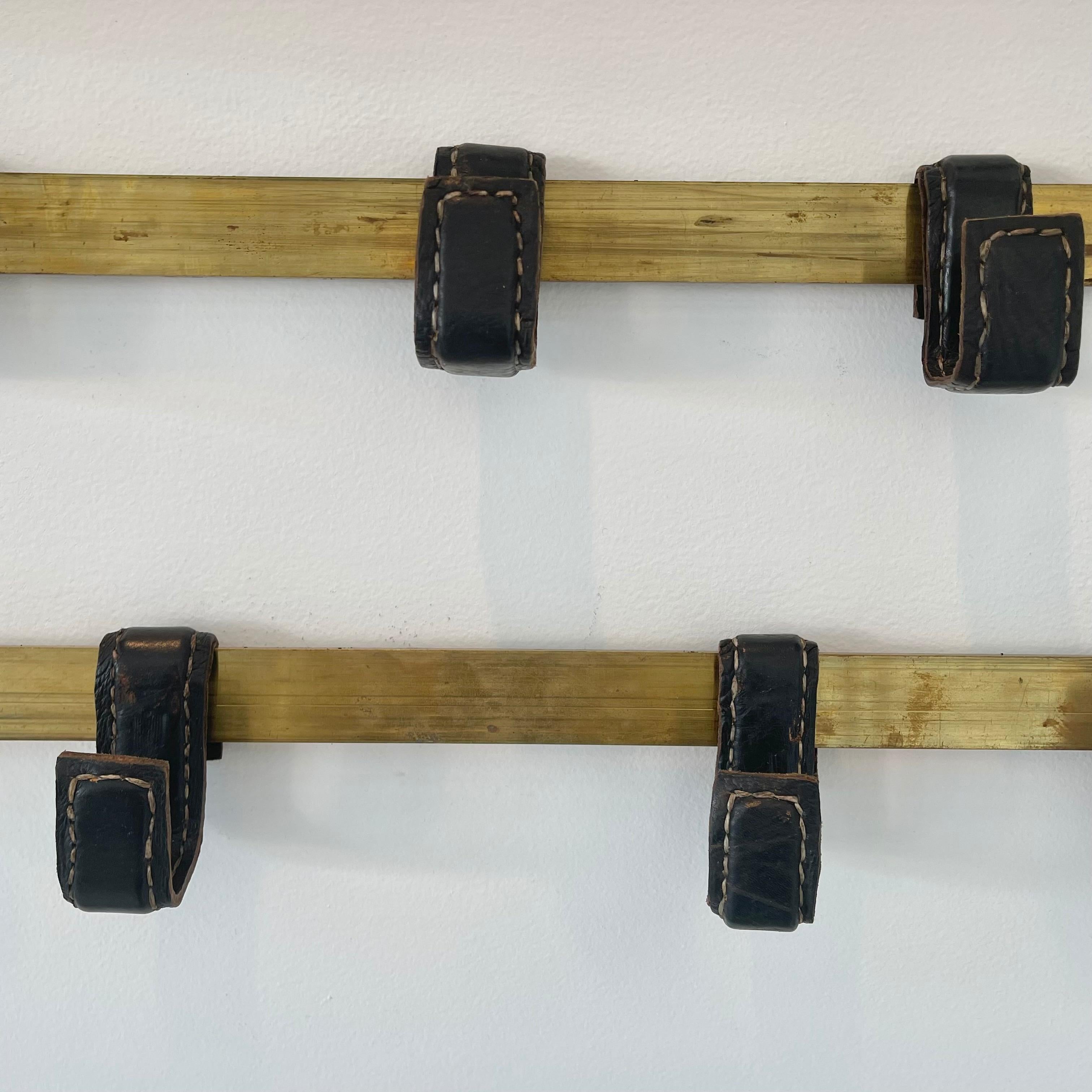 Jacques Adnet Leather and Brass Wall Rack, 1950s France For Sale 6