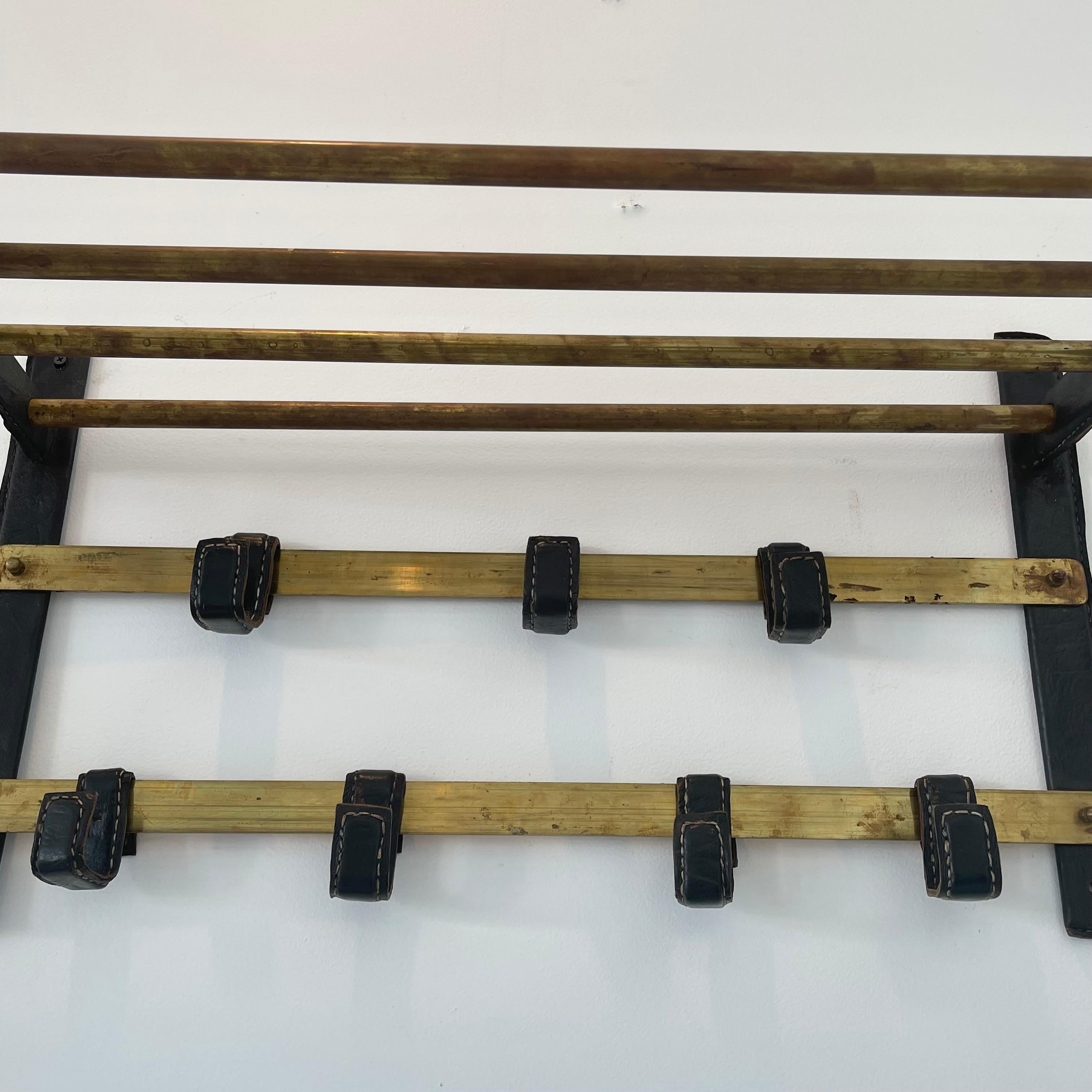Jacques Adnet Leather and Brass Wall Rack, 1950s France For Sale 7