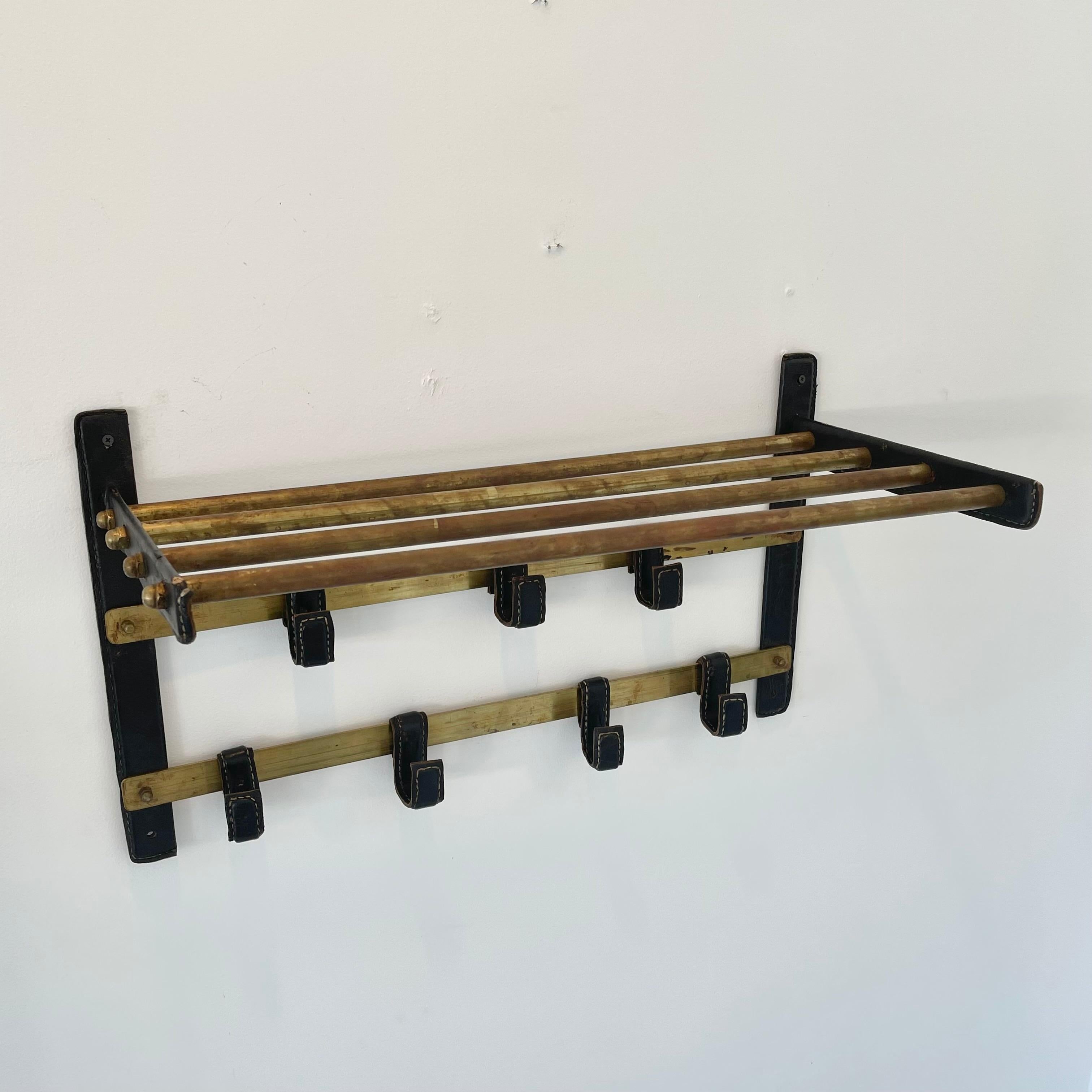 Jacques Adnet Leather and Brass Wall Rack, 1950s France For Sale 10