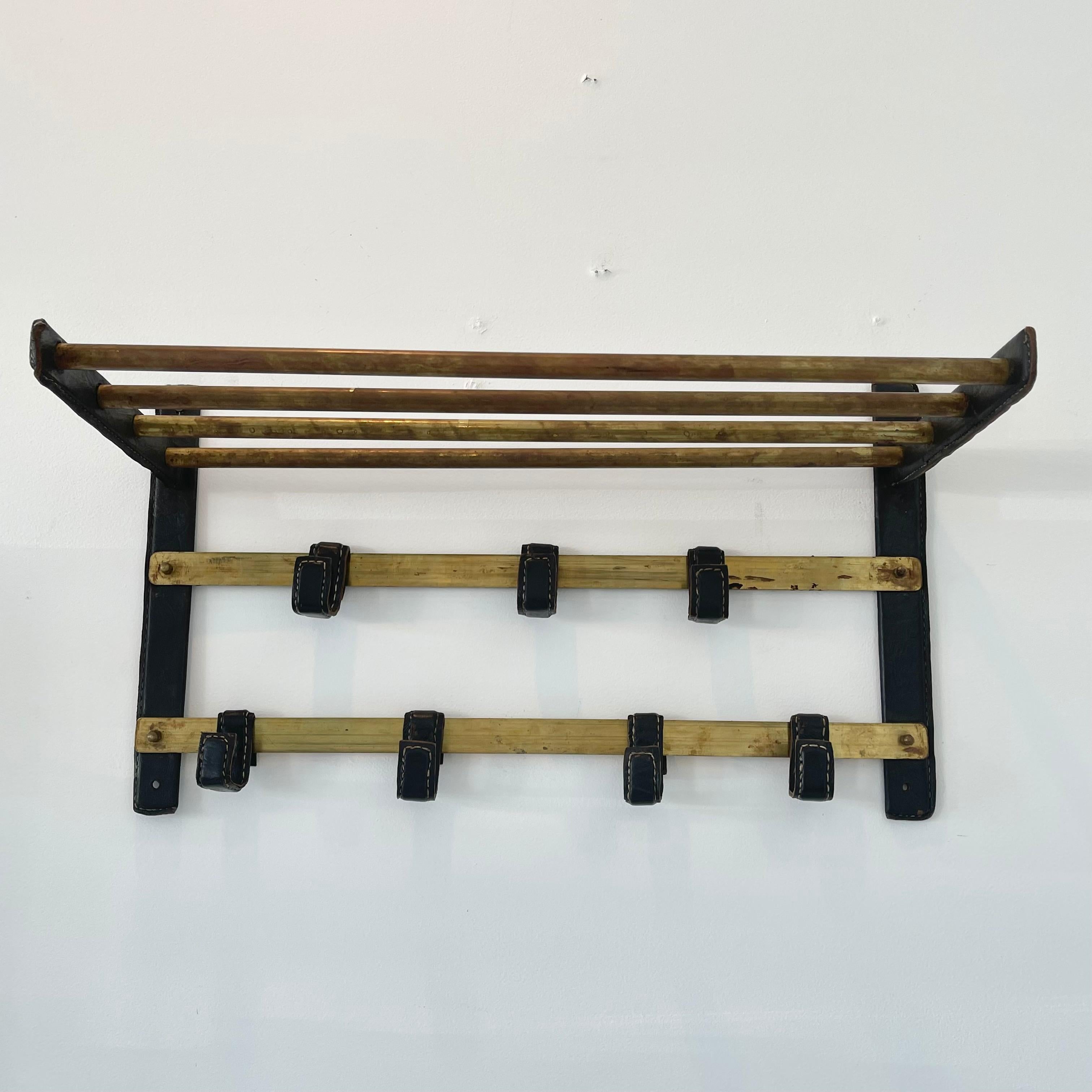 Mid-20th Century Jacques Adnet Leather and Brass Wall Rack, 1950s France For Sale