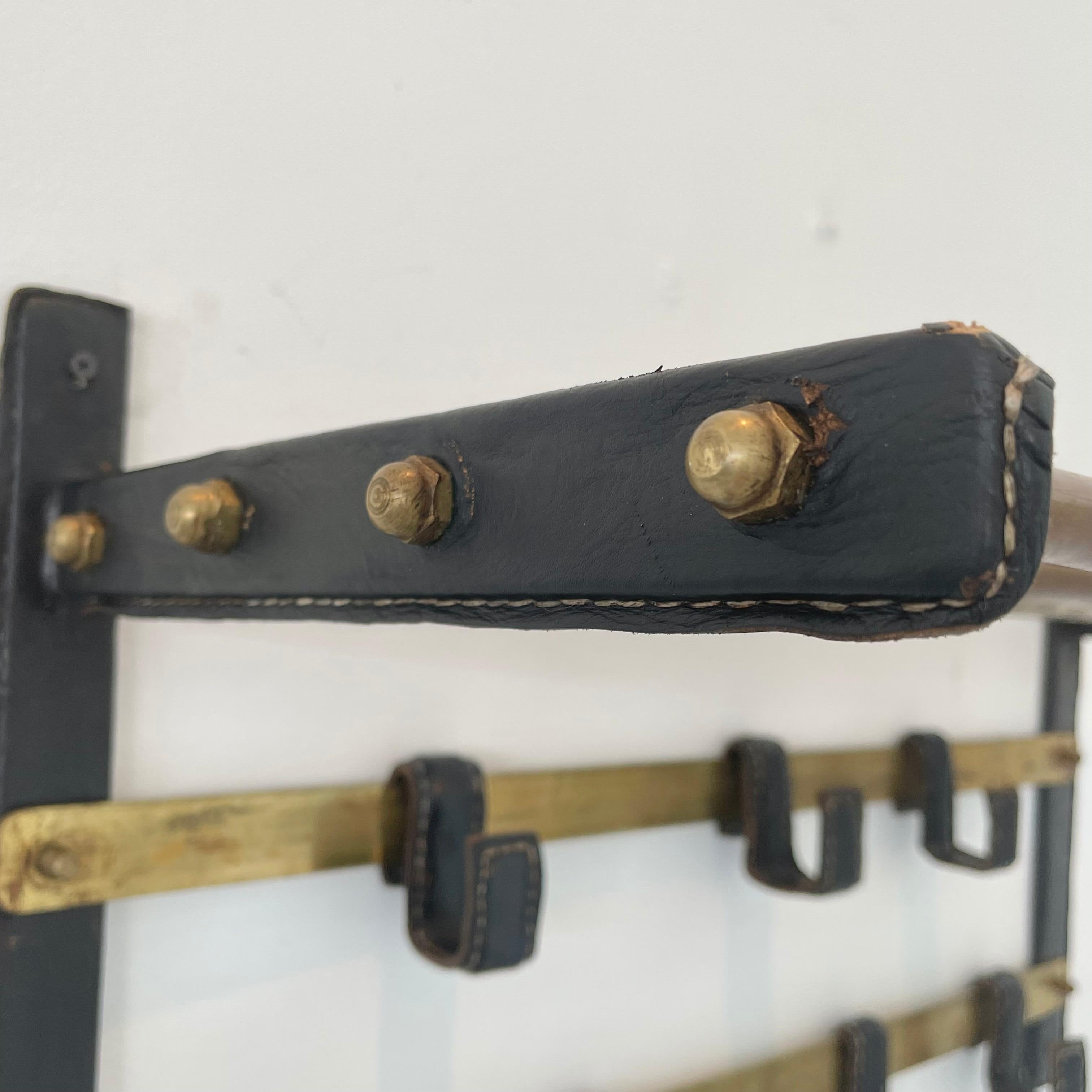 Jacques Adnet Leather and Brass Wall Rack, 1950s France For Sale 1