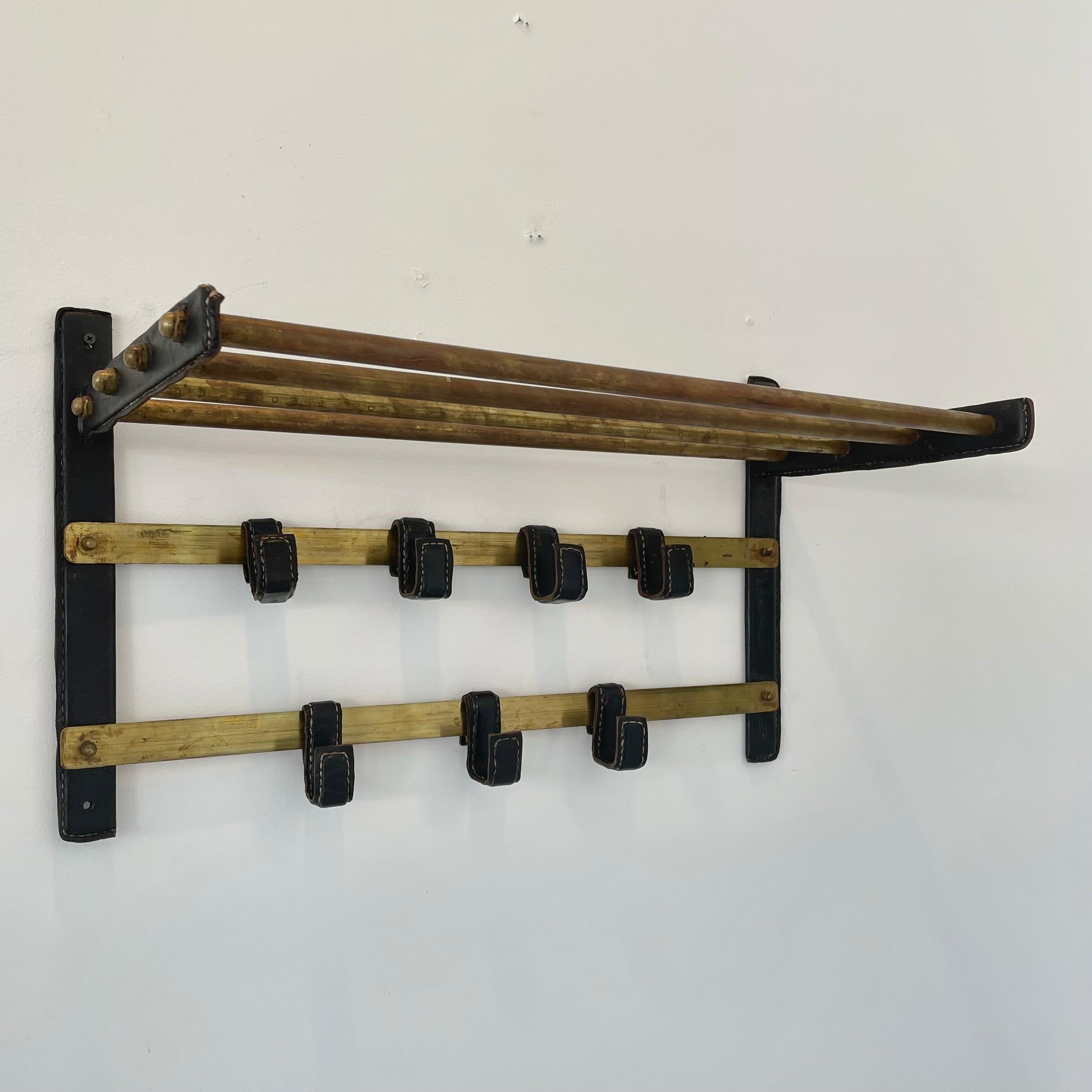 Jacques Adnet Leather and Brass Wall Rack, 1950s France For Sale 2