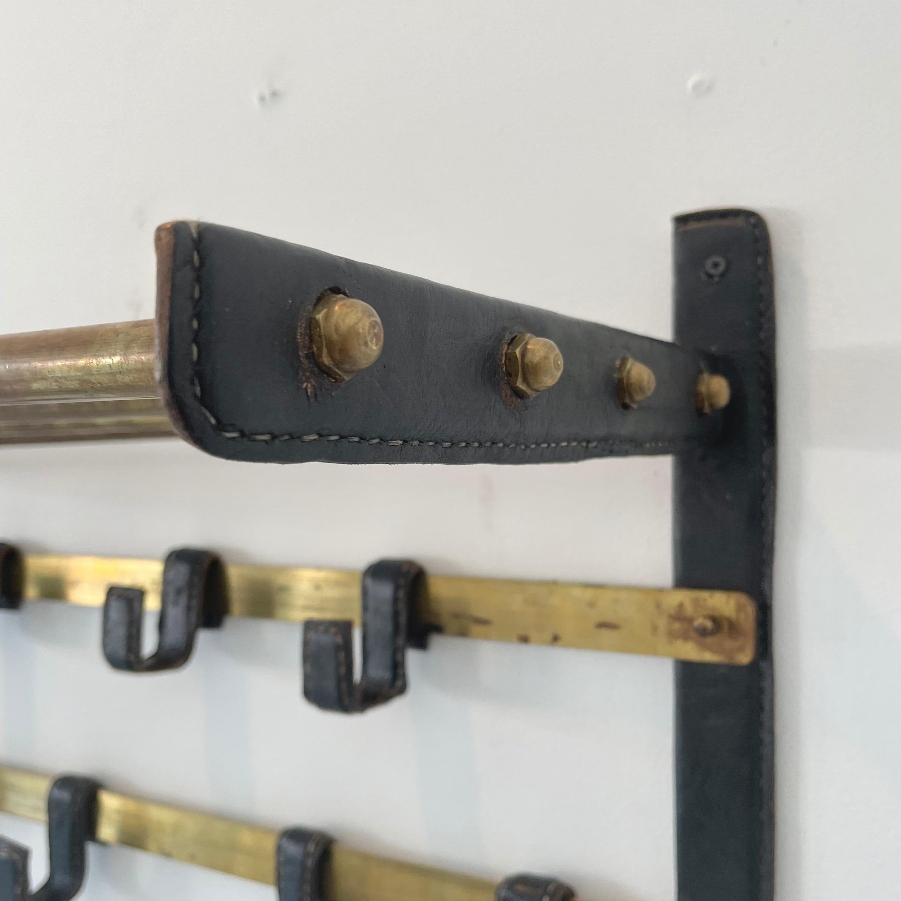 Jacques Adnet Leather and Brass Wall Rack, 1950s France For Sale 3