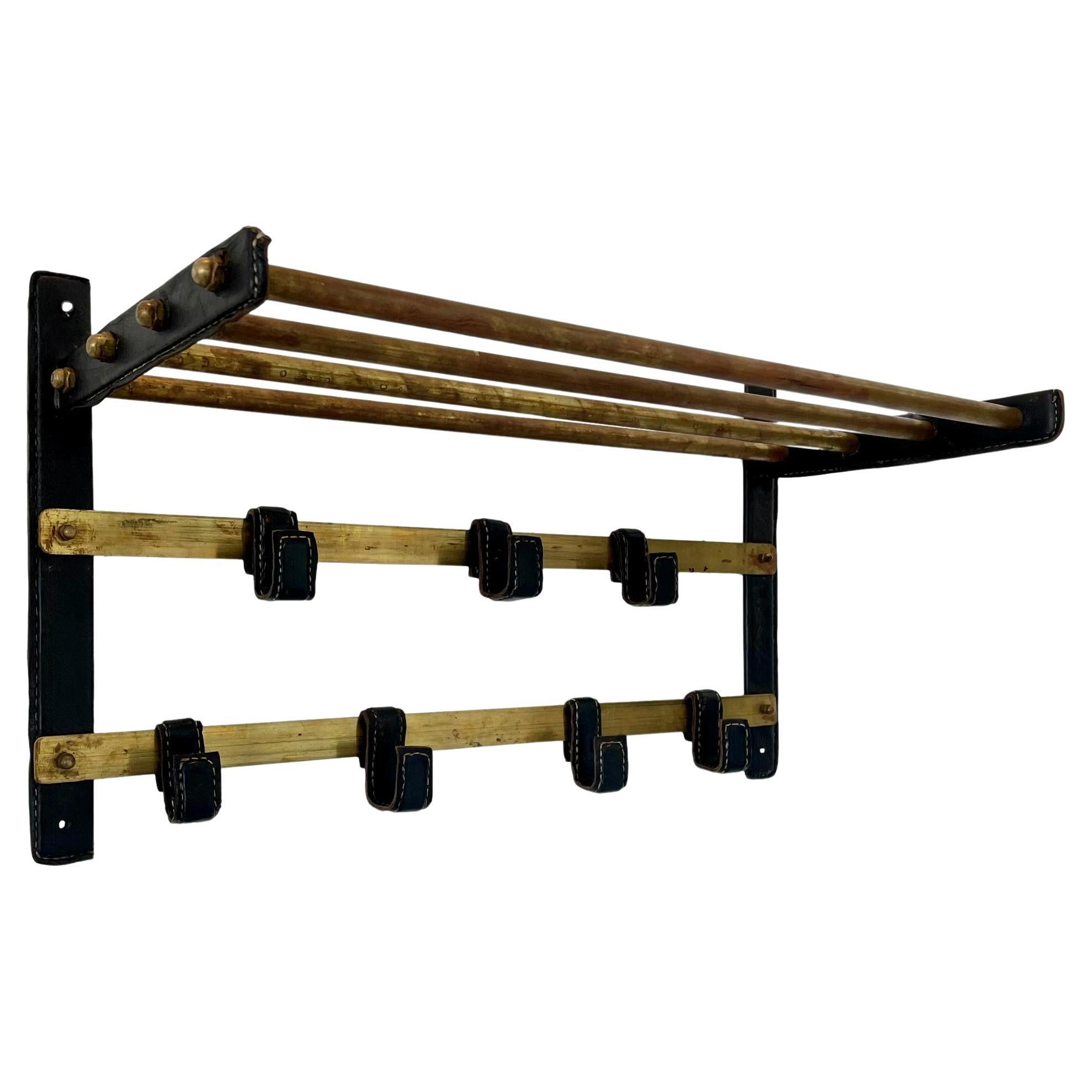 Jacques Adnet Leather and Brass Wall Rack, 1950s France For Sale