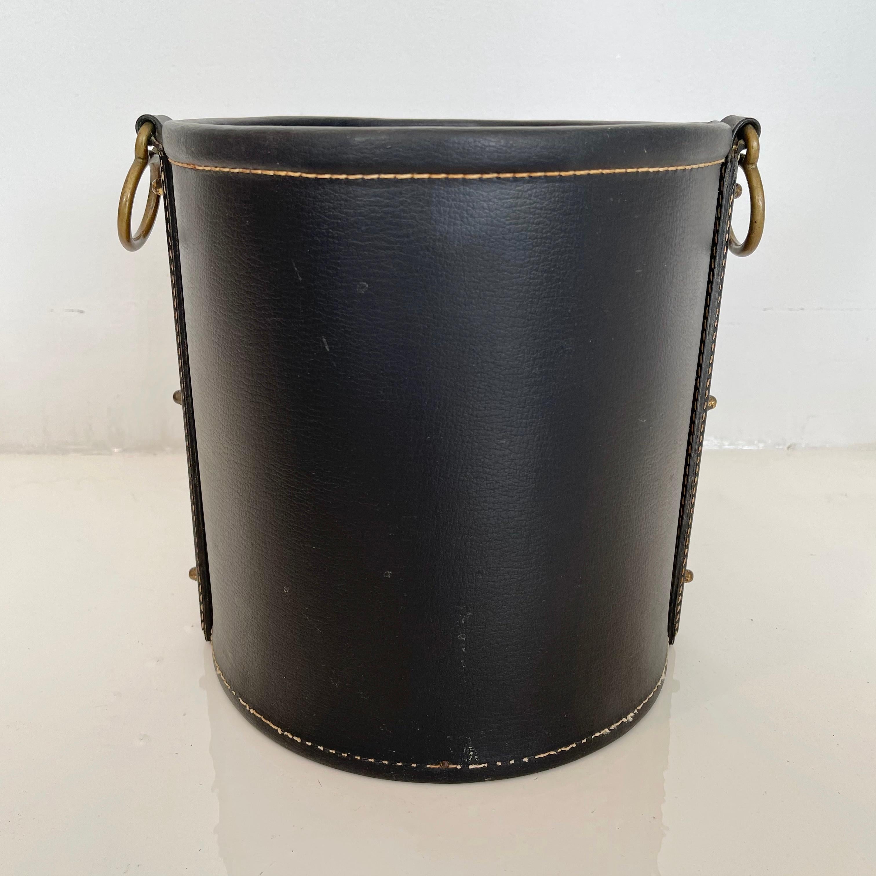 French Jacques Adnet Leather and Brass Waste Basket