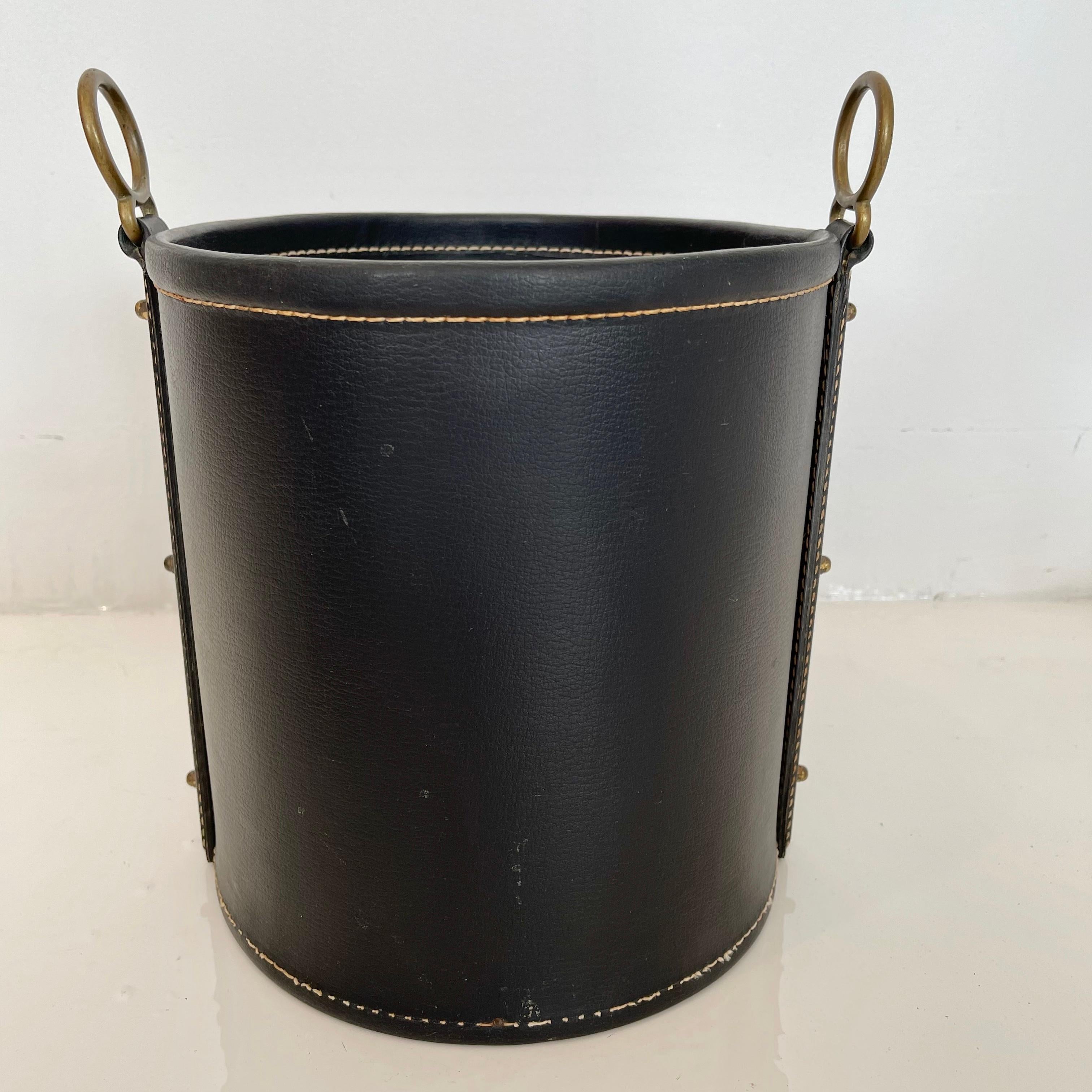 Jacques Adnet Leather and Brass Waste Basket In Good Condition In Los Angeles, CA