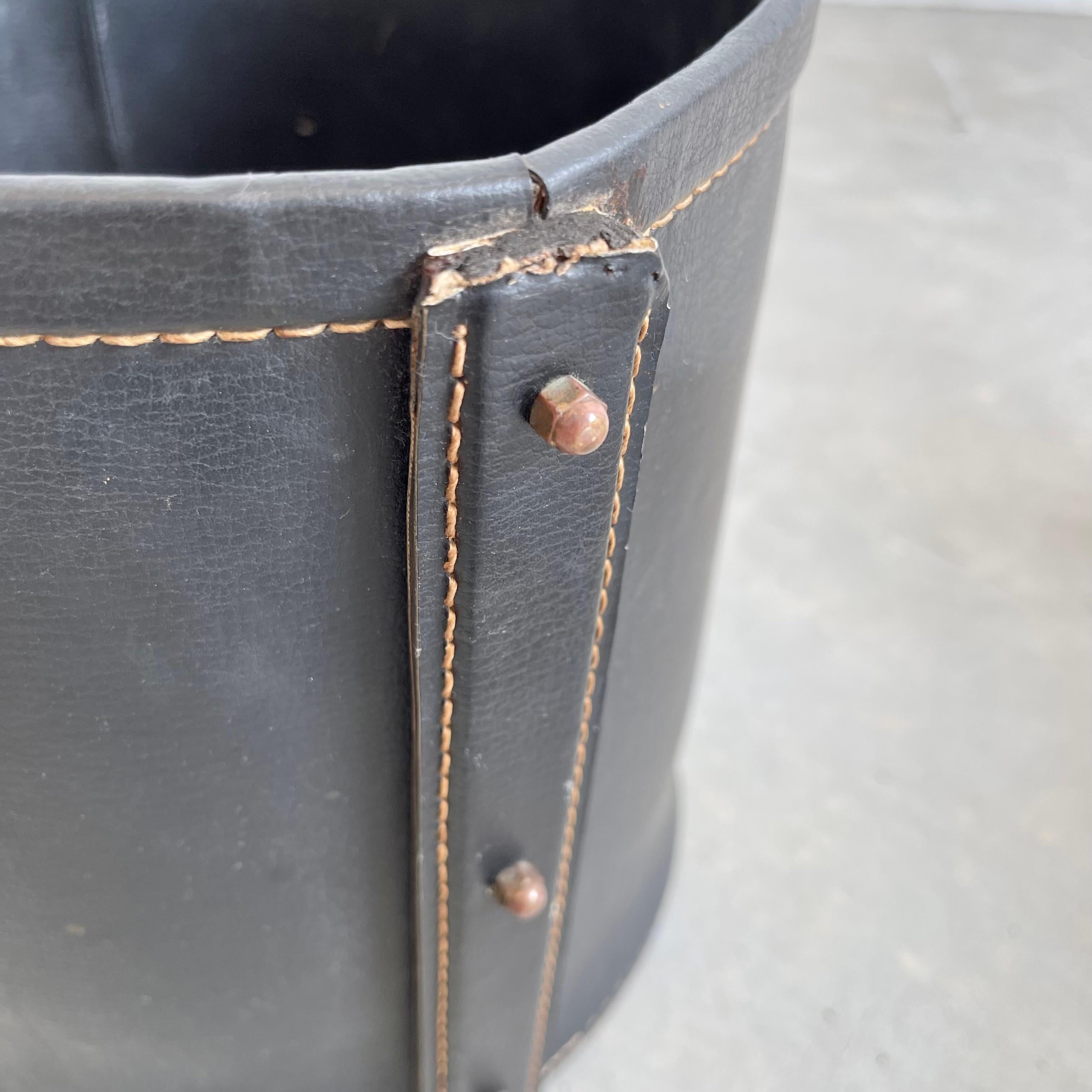 French Jacques Adnet Leather and Brass Waste Basket