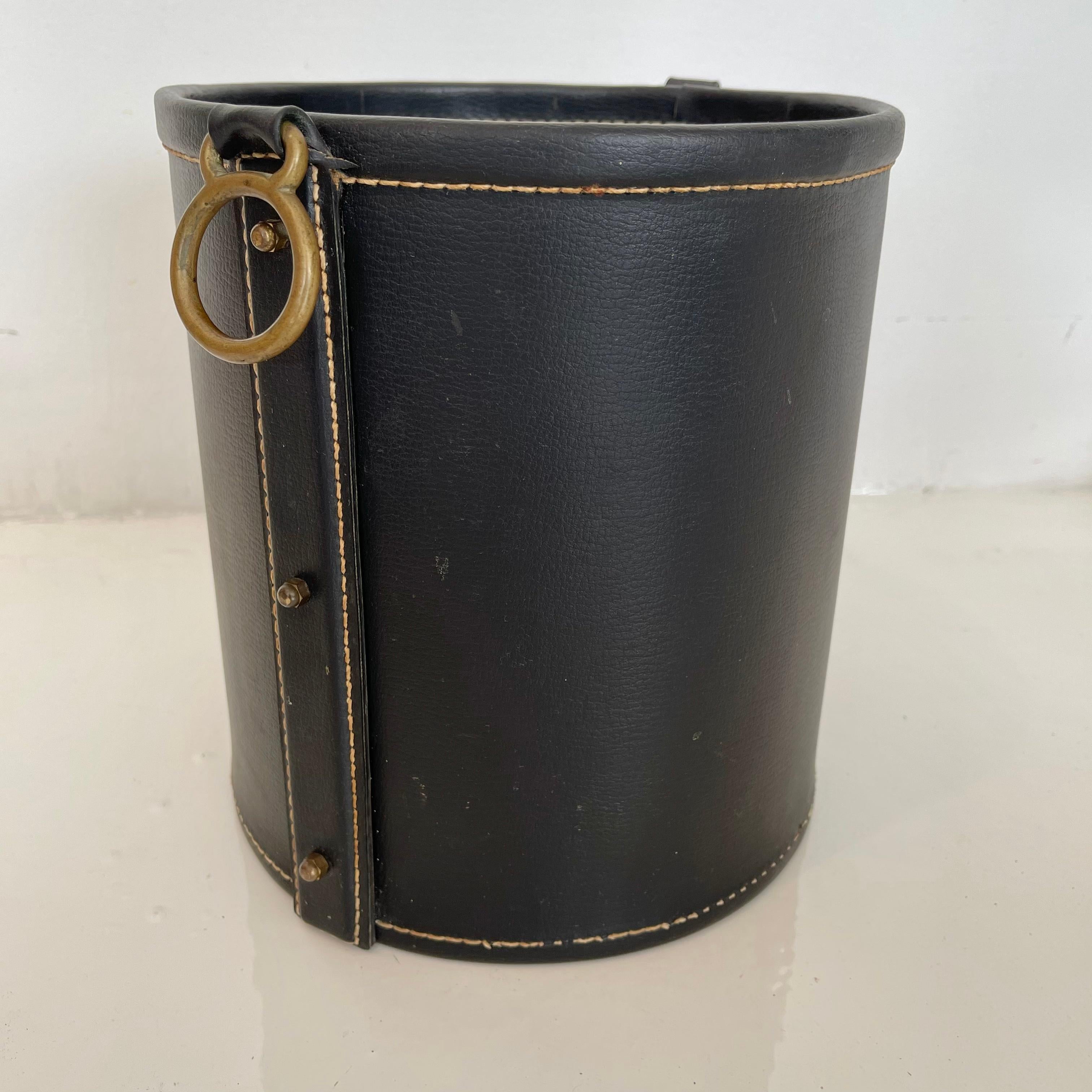 Mid-20th Century Jacques Adnet Leather and Brass Waste Basket