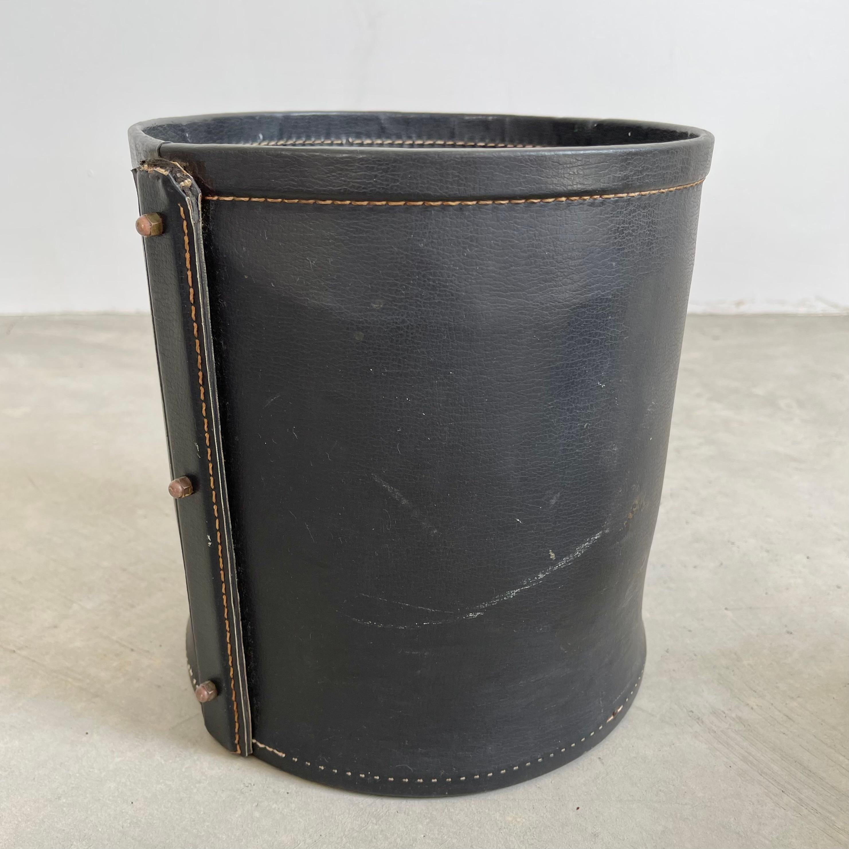 Jacques Adnet Leather and Brass Waste Basket In Good Condition In Los Angeles, CA