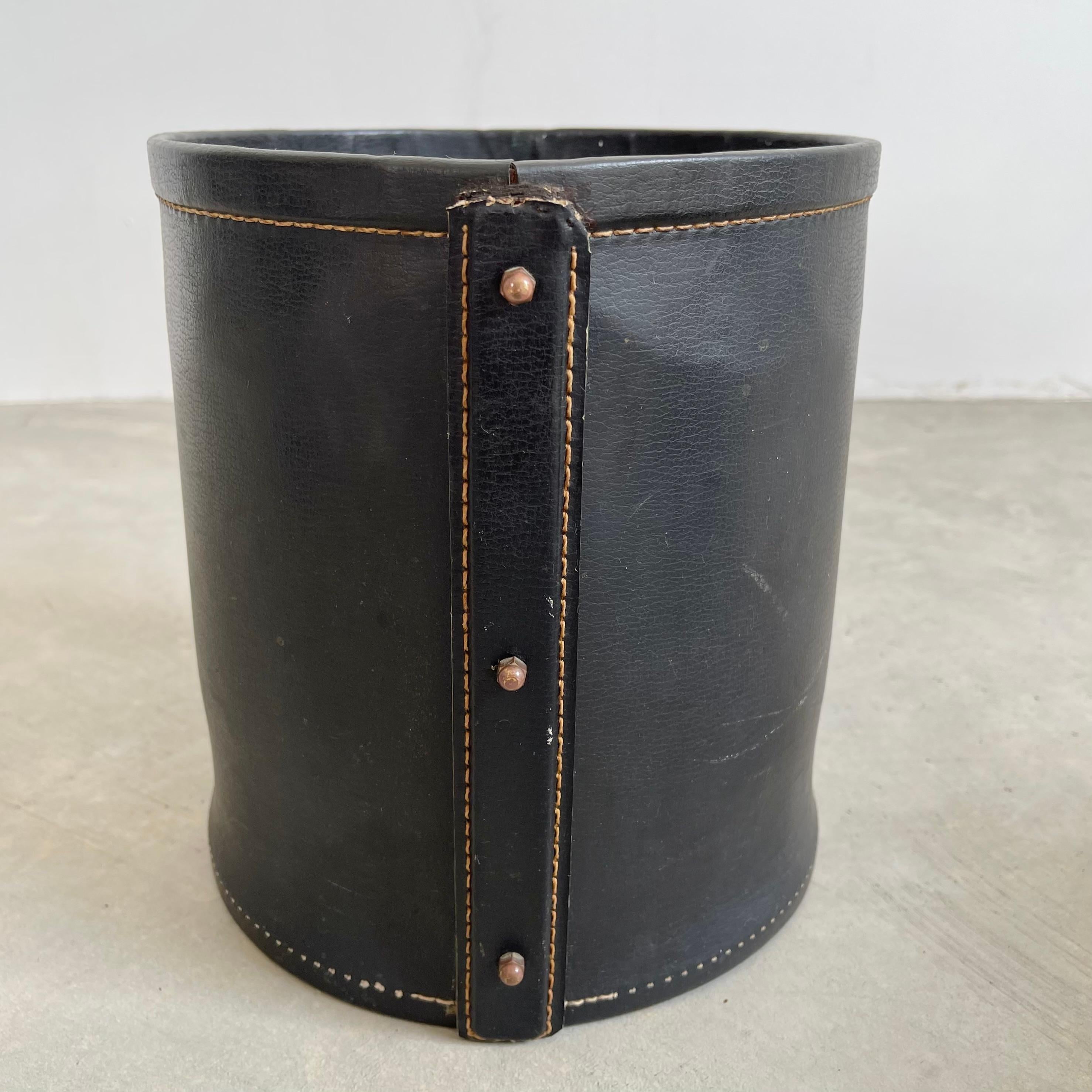 Mid-20th Century Jacques Adnet Leather and Brass Waste Basket